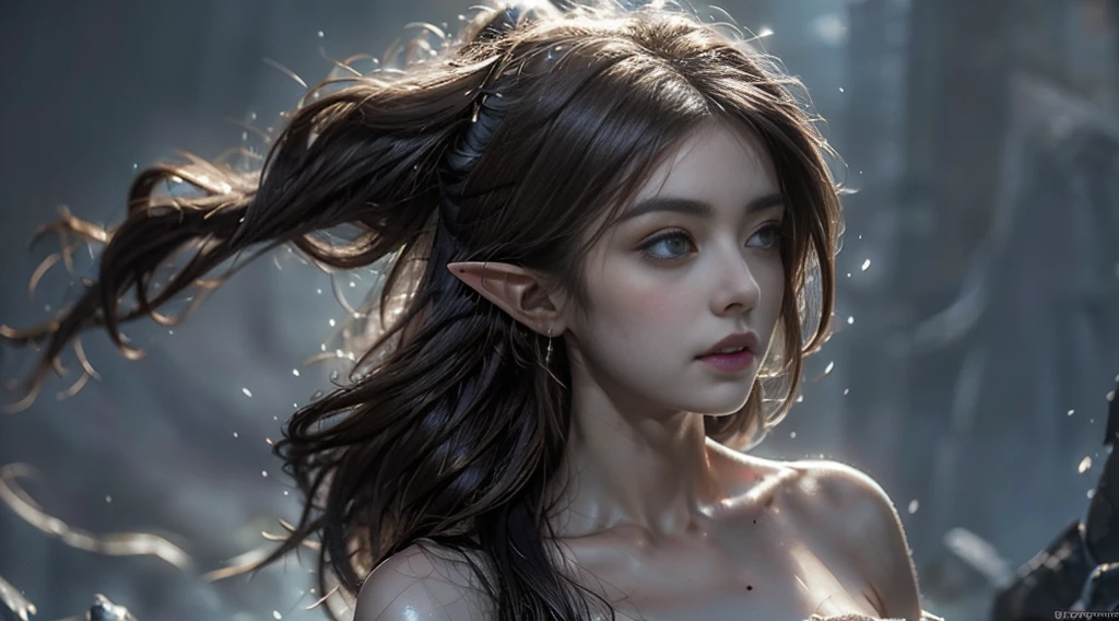 Ultra-detailed complex 3D rendering of face, (Colossal breasts: 7.8), (masterpiece, top quality, octane rendering, 8K), glamour shot full body image, very beautiful young elf, cleavage, (very detailed skin: 1.2), (exposure: 1.1), brown hair, (skewed white micro bikini, : 1.5)), one beautiful Caucasian woman, with full soft breasts and dark skin with big buttocks, Long braided hair, big breasts, dynamic angle, mystical expression, ultra-realistic photos, ((portrait))), bare feet, futuristic urban background, facial muscles, detailed and beautiful queen gold crown, in the style of Marvel Comics, ArtStation trends, clear focus, studio photography, intricate details, highly detailed, detailed red eyes,crotch open, seducing with sexual expression, detailed mouth inside, , sharp focus, digital rendering, professional, abs, dark gray background, mouth open lightly, hands on head, ((((She is wet)))