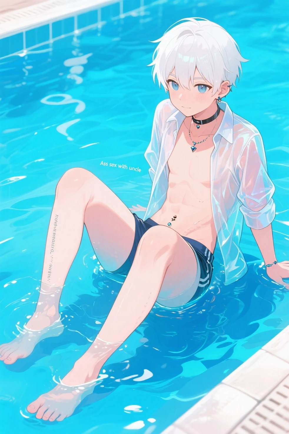 1boy, shota, white hair, blue eyes, short hair, tentacle, short pants, white pants, pants, wet clothes,football clothes, beach, blush, open mouth, spread legs, nipples