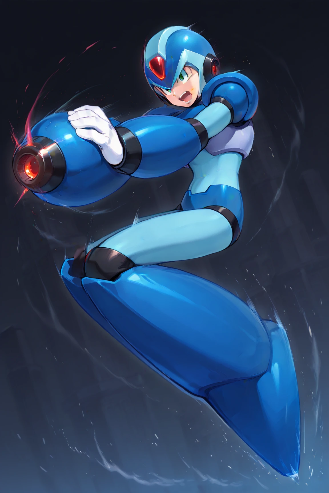 a close up of a megaman, with a blue helmet, megaman, mega man, his arms and legs are hanging, open mouth, closed eyes, crying
