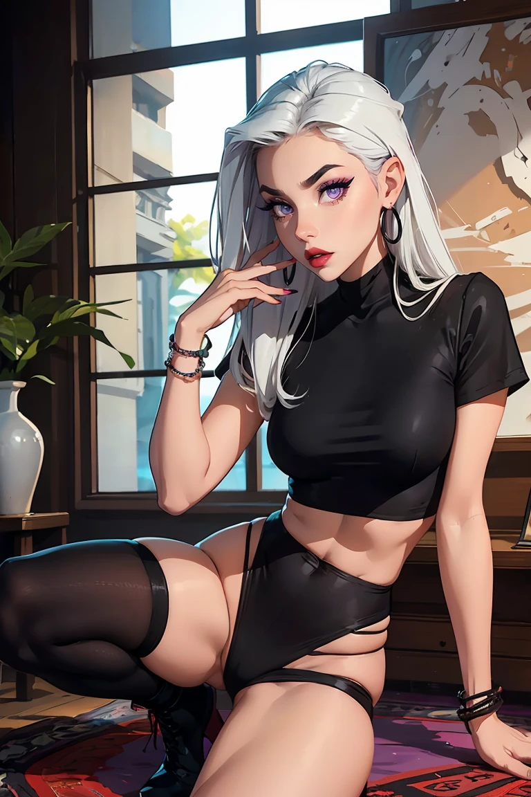 black pencil skirt, black long sleeve top, only the navel,Put your hands behind your back,restraints, White hair, Very long hair, straight hair, Cute, slender body, thin legs, Black thigh high stockings, Nylon stockings, hands in black leather handcuffs, hands, Connected by a chain, amrs togather, masochistic, whole body, on the knees, leather handcuffs, Calf Tattoo, large collar around the neck, 18 years, long eyelashes, mascara, cute face, Older, top to bottom bottom to top, hands behind your back, on the knees, submissive look, lying on the table, on the stomach, gag