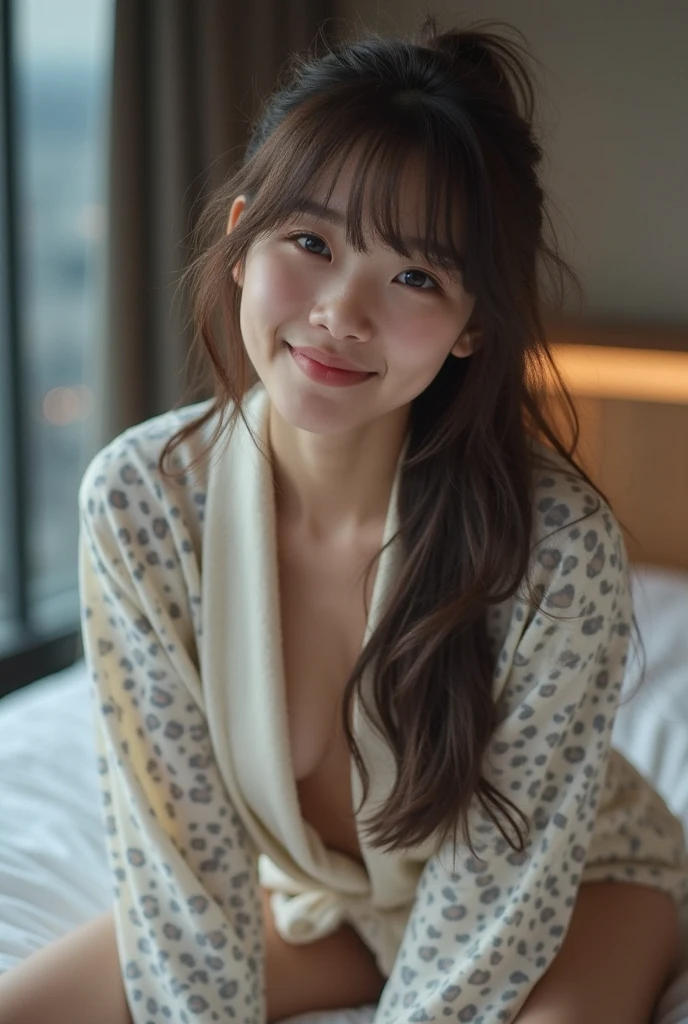 (maximum quality、Hyper realistic、ultra hd)、Crawling on all fours on the bed、Ripe beautiful woman in her 30s、Clair、a smiling look、bathrobe、Underwear is slightly visible、Wearing a necklace、slender、Best skin quality、The background is your room