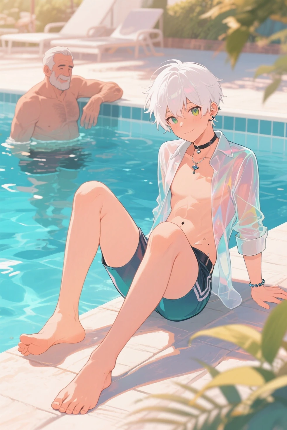 illustration style, cute boy, silver-haired blue-eyed rabbit ears, solo, rabbit ears, rabbit ears, sunny day, leisurely nap, sunny day, pool relaxation, inflatable float, carefree atmosphere, refreshing water, friendly, half pants, aloha shirt, open shirt, male body, refreshing water, gentle ripples, comfortable relaxation, tropical palm trees, blue sky, lazy afternoon, a quiet oasis,