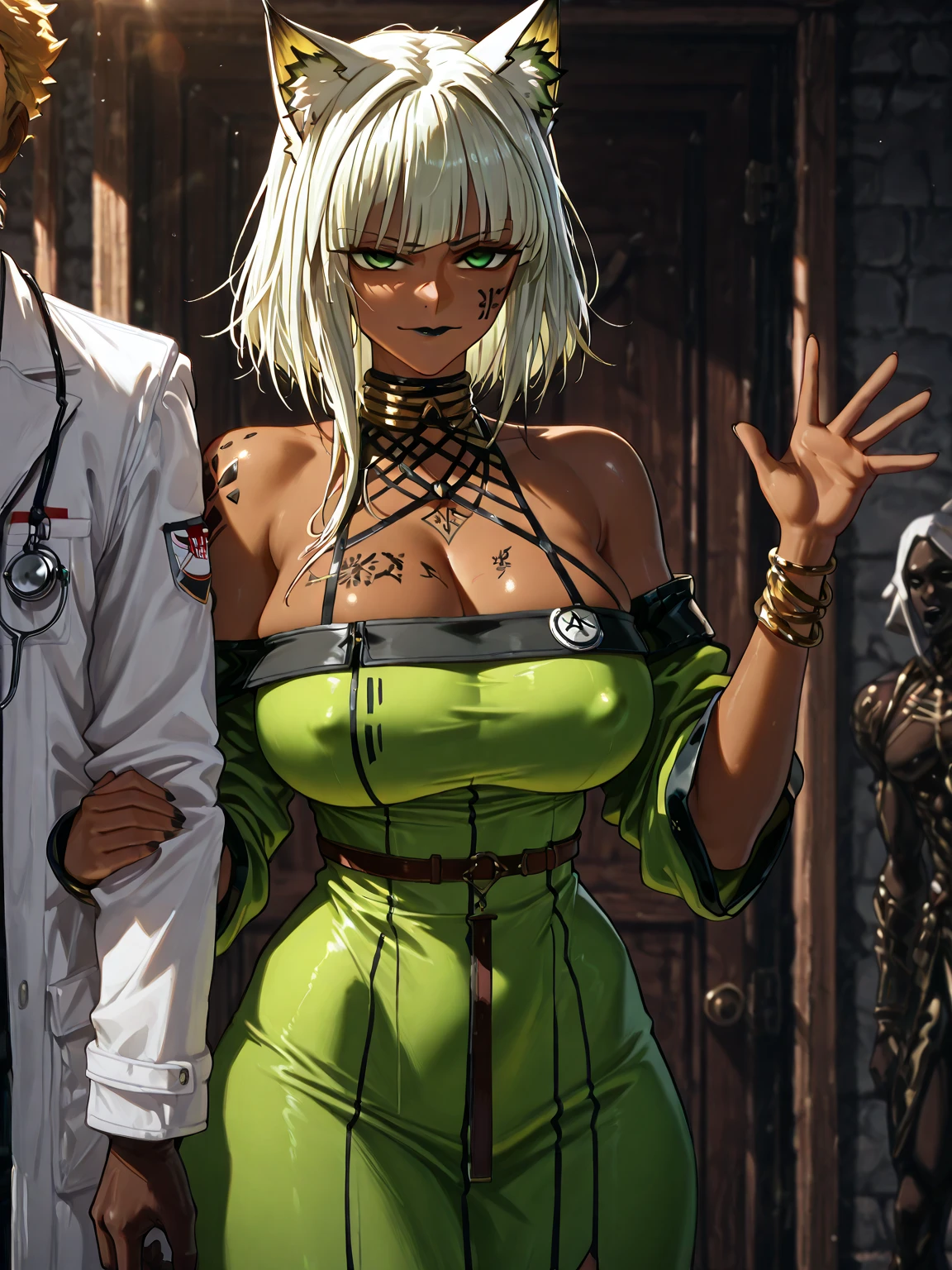 masterpiece, best quality, thesilent, dark skin, skull, covered face, green cloak, bandages, midriff, bandaged legs, upper body, huge breasts, thick thighs, looking at viewer, chiaroscuro, stone walls, dungeon, serious, from above, futa, huge penis, wet penis dripping