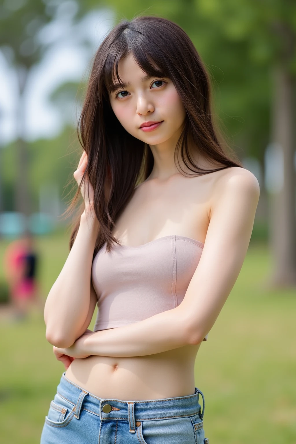 ((top-quality、8K、​masterpiece:1.3))、Canon EOS、1girl in、japanes、High school students、A-cup body shape、flat ??????、Pretty women:1.3、A-cup、very slender body:2.8、(Longhaire、Super small ???????:1.2)、very flat ?????、very slender body、Firm abs、Light pink ??????、?????? sheer:1.2、Urban parks、二重まぶた、fullllbody、A slender、Inter-strands、Slender figure、Hair in the wind、200mm telephoto lens、Delicate body、
