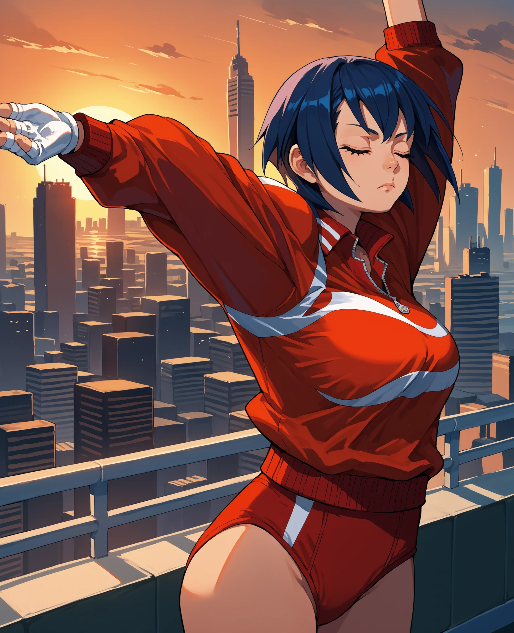 (masterpiece), Highest quality, Expressive eyes, Perfect Face,
(Scream Open Thighs),
,Ayuhara Natsu Short Hair, Red jacket, short shorts, bandages, knee pads, sneakers,M-shaped legs,