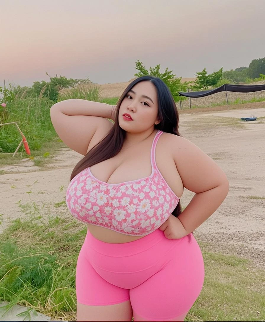 ((Best Quality, 8K, Masterpiece: 1.3)), Chubby woman smile ((best quality)), ((masterpiece)), (detailed), perfect face, USA woman fat , 1 girl, obese body type, big breast size, round face, double chin, Overweight, medium hair ,looking at camera、, thicc, she has a jiggly fat round belly, bbwchan, wearing tight sexy clothes, skinny waist and thick hips, widest hips, her belly is fat and round, soft curvy shape, hyperrealistic full figure, wearing a cute top, wide hips, cropped shoulders,Bare belly,(big assa:0.7),show legs,, thicc, beautiful thick female, beautiful curvy female,, Tall and tall,clear curvy details, curvy hourglass figure, alluring plus sized model, bbwchan, Voluptious body, Curvy model, Curvy body, Be red in the face, 1girll fat , a matural female, A MILF, the golden ratio,(Kpop idol),(Oil skin:1.2),(Oil skin:1.1) background High quality, HD, realistic, HDR. mountain refuge in grey stone, blends into the panoramic view of the mountain, spring landscape (green and flowery), edelweiss, lake, stream that winds, sunset, cool breeze. welcome mountaineers and hikers.