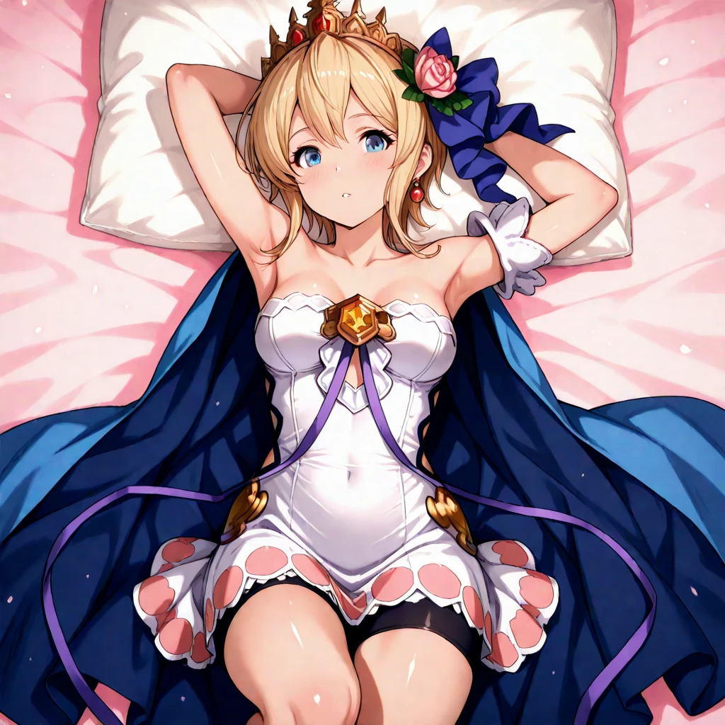A very high resolution image of a semi-nude woman showing herself on her back on a round bed decorated with roses