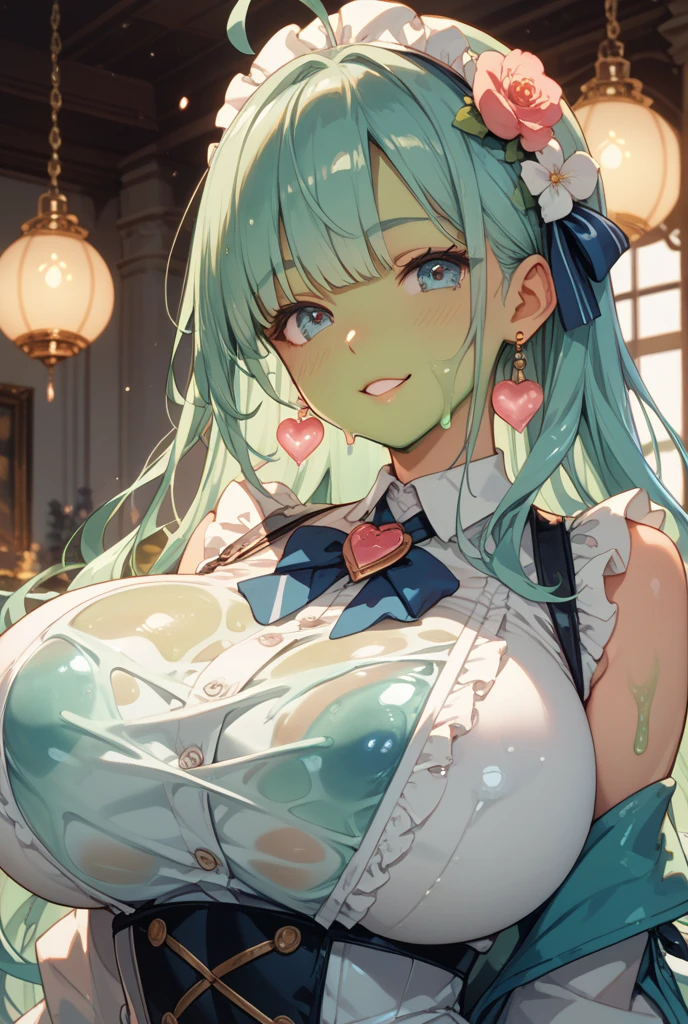 1girl in, hair bobbles, a 15 year old girl, Beautiful and Delicate Face, Stereograms, Exact ratio, Japan Person Model, fair white skin, Best Quality, 8K, Super Detail, Authentic Skin, Skin Details, Beautiful eyes, Slimed, Atmospheric perspective, MASTERPIECE, Full of embarrassment, anaglyph, solid circle eyes, ear blush, surrealism, drop shadow, Perfect Hands, Perfect Legs, Japanese Girl, Beautiful Hair, LARGE BREASTS, BIG BREASTS, HUGE BREASTS, CLOUDY LIQUID, NSFW, Cum in Chest, smiling eye, smile, POV, Tits Out, Breast Squeezing, Komeiji Koishi, green hair, hut, short hair, Semen on Face, fellatio, Cum in Face