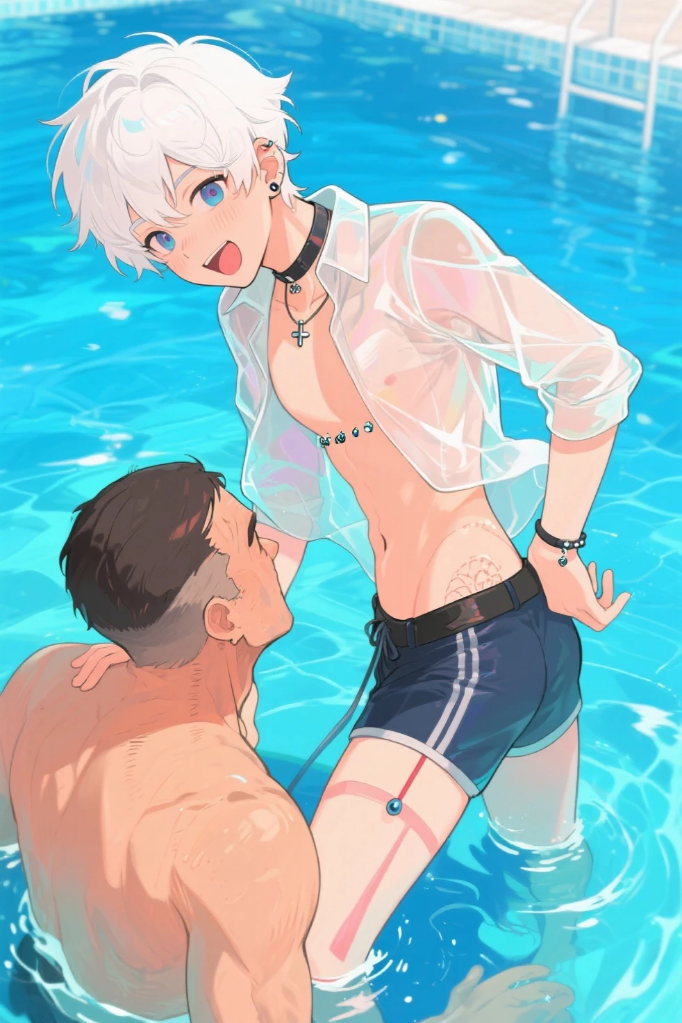 ((masterpiece)),((best quality)),(ultra-detailed),(an extremely delicate and beautiful),detailed backgroud, ((((1woman,tall stature)))and(((1shota boy,short stature)))),((((hetero)))),(height difference),(((wrestling ring))), (1woman),((((silver wolf/(Honkai:star rail/)))),(curvy:1.4),(huge breasts), pale skin,shiny skin, long hair,ponytail ,drill hair,hair between eyes, eyewear on head, navel, midriff,((She wears jacket, black jacket, sunglasses, gloves, black gloves, fingerless gloves, shorts,black shorts, shirt, white shirt, choker, crop top, fur trim)),(rolling eyes:1.4),(ahegao),(trembling),clothing aside, reverse suspended congress,face-to-face,((soul kiss)),tongue out,saliva trail,orgasm,pussy, sex, sex from behind, ((((female ejaculation)))),spoken heart,(cum in pussy:1.4),cum on clothes,cum on breasts,cum in mouth,cum on hair,(excessive cum:1.4), ((((1shota boy)))),(petite),penis,dark-skinned shota boy,interracial,