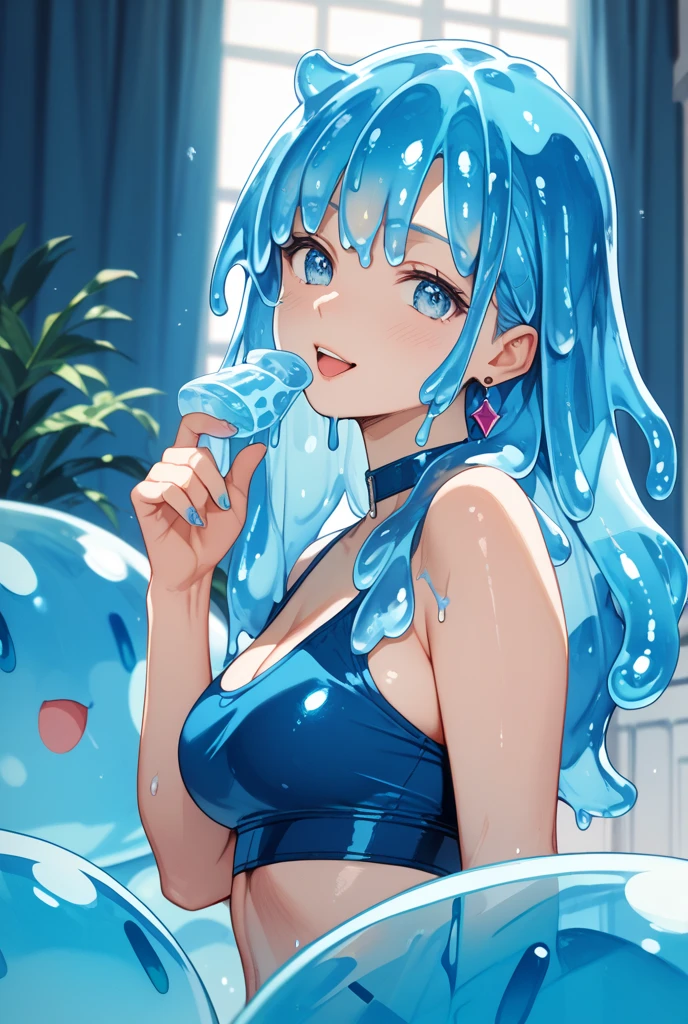 Blue vibrator in hand, masturbation masturbation, lewd water, ahegao, euladef, solo