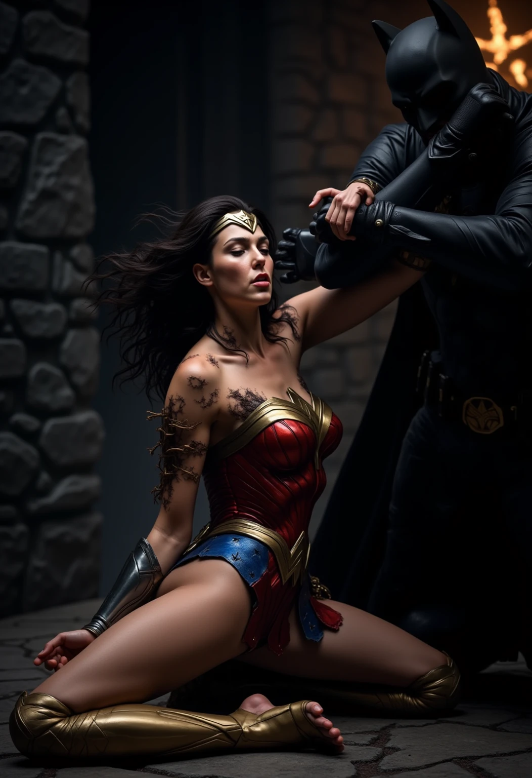 Wonder Woman (struggling), (handcuff:1.1), leg tied, tied by thugs, (crowded), (mans in background try to tied her:1.2), tied, bound, (Wonder Woman with skirt:1.3), (Restrained:1.5), BDSM, (two man tied her up:1.2), (bird view angle) , (dress up) , unnaked, (ropes all over body), (eyes up), (painful), head down, (terrify:1.1), (angry eyebrow), (in the cave:1.1)