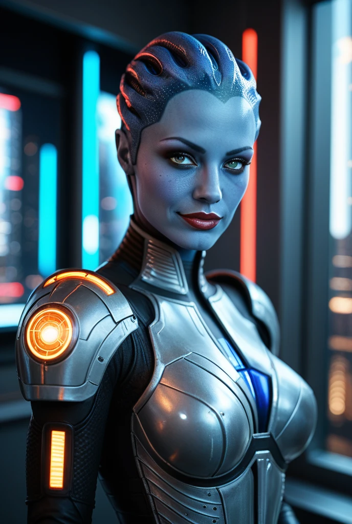 (liara, asari), woman with blue eyes posing, bondage, chaotic, eclectic style, metal bra, intricate details, hyperdetailed, tattoo, goth, stream of hallucinatory forms and phantoms, close up, <lora:liara-me:0.6>,