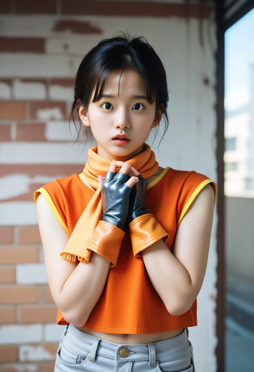 1 girl, solo, Nayuta (chainsaw man), black hair, x hair ornament, long hair, hair ornament, orange eyes, looking at viewer, long sleeves, dress, uniform, smile, ribbon hair, closed mouth, shirt black, hair between eyes, traditional media, giving half a finger