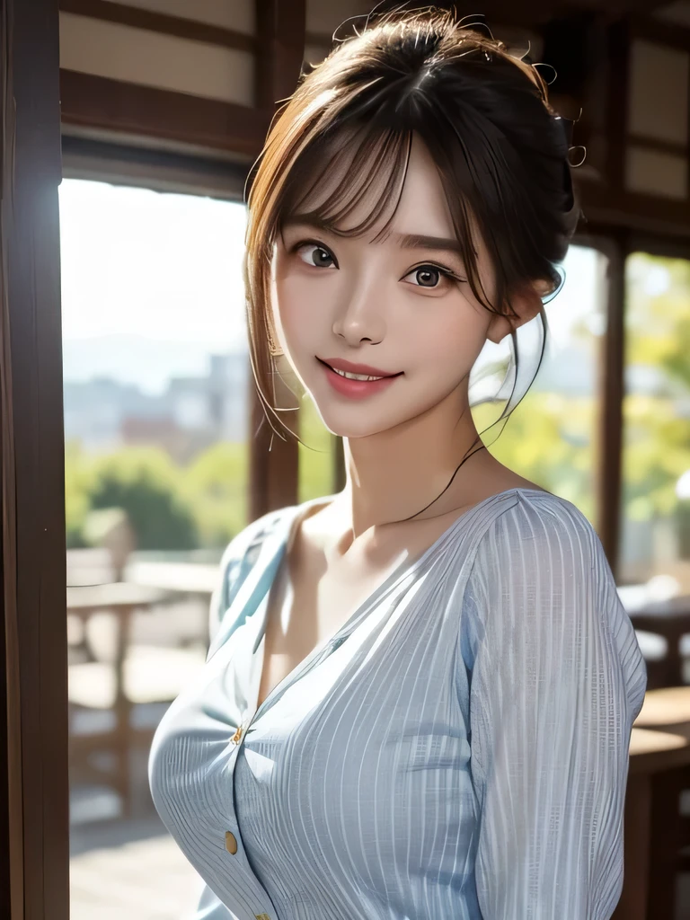 (1young woman), full body, Extremely cute face, Amazing face and eyes, (Highly detailed eyes, Highly detailed face), fresh, Very clean appearance, (Hyper-realistic, hight resolution), (Best Quality:1.4), Raw photo, (Realistic, Photorealsitic:1.37), Professional Photography, (floral pattern yukata:1.5), (Open yukata), (cleavage:1.2), (Bare shoulders), Smile slightly, (Staring at me), Bedroom, girl portrait,