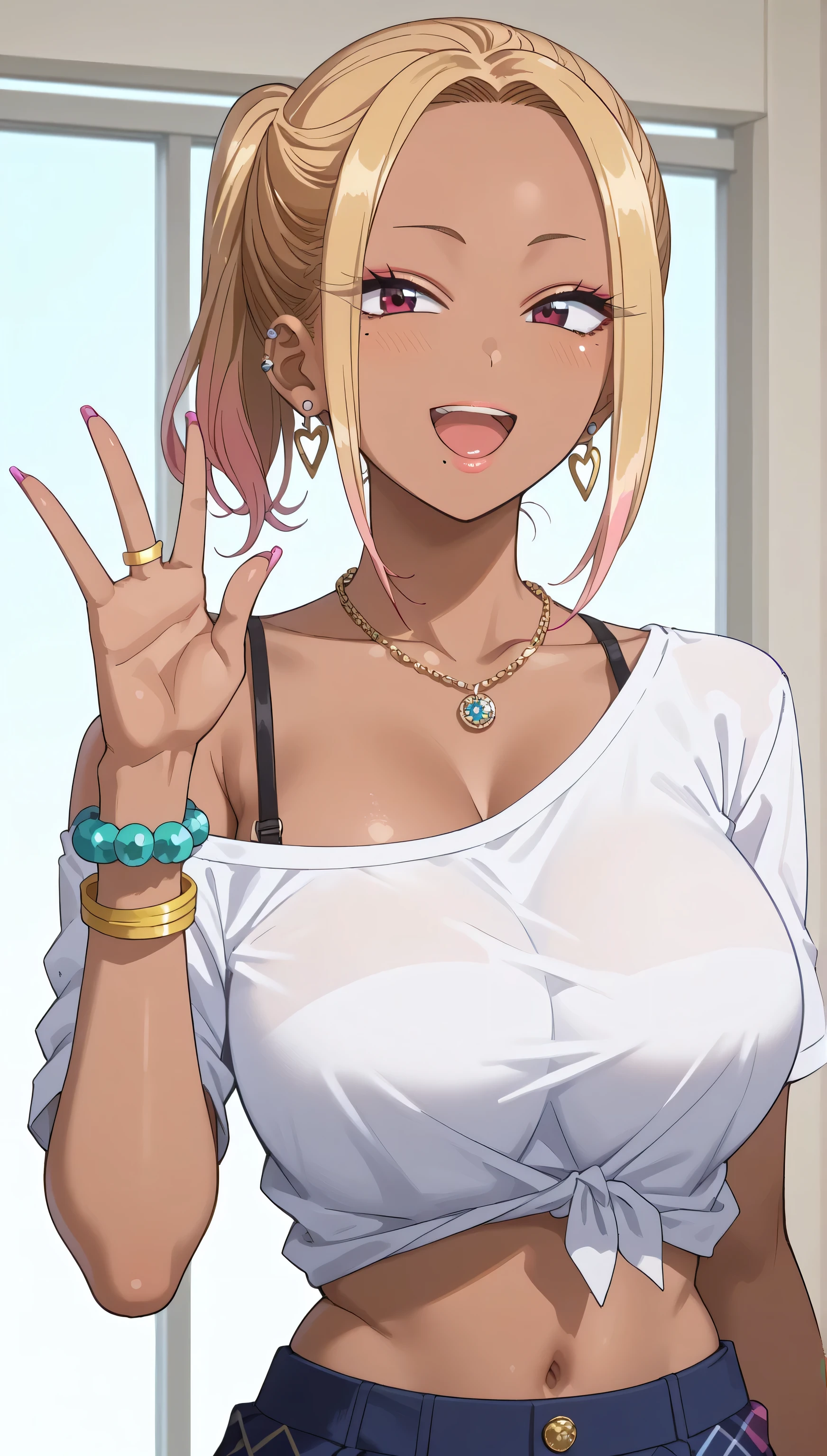 SimplePositiveXLv2, Nene Onemine, Gyaru, (beautiful, brown skin:1.6),brown & blonde hair, short hair, ponytail, beautiful eyes, mole, mole under eye, mole under mouth, score_9, score_8_up, score_7_up, source_anime, masterpiece,best quality, huge breasts, off shoulder shirt, tied shirt, blue skirt, flashy gyaru, happy, showy,too many accessories, colorful , kogal, kogal gyaru, necklace, earrings, bracelet, navel, midriff,mouth open