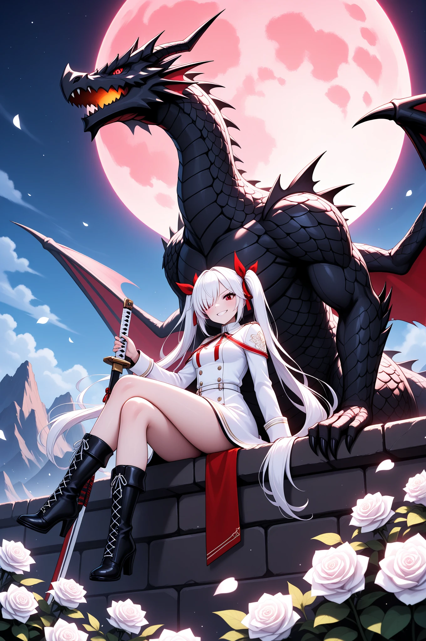 There is a woman sitting on a red carpet with a dragon, Drakengard, fantasy photoshoot, Battle with the Dragon, 2 b, 2b, demonic dragon inspired armor, fantasy character photo, nier inspired, Armadura inspirada en dragones, Foto cosplay, del linaje 2, armadura blanca, [[fantasy]], fantasy inspired dragon armor, Dragon Slayer, jessica nigri
