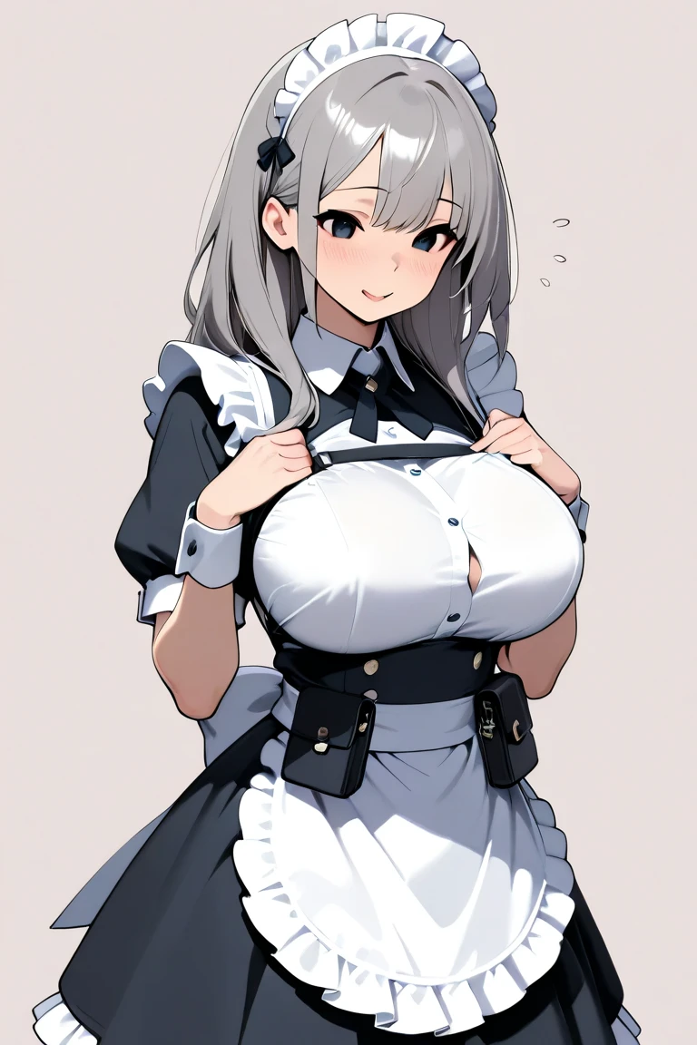 high color saturation、masterpiece、highest quality、High resolution、very delicate and beautiful、Rin々nice face、beautiful breasts、woman1people々、((woman1people々、solid color background、hair length、Greige hair、Thick legal clothing、skirt、maid Cafe))、Huge 、off shoulder、cleavage、bbw、