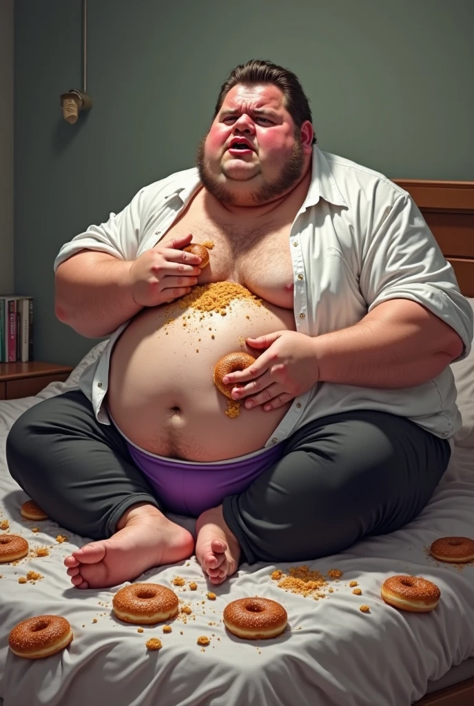 Henry Jones is thirty years old, always dresses elegantly and now binges on donuts while relaxing on the sofa in his living room. His fat is hardly contained by his clothes, he has huge tits, ass and belly
