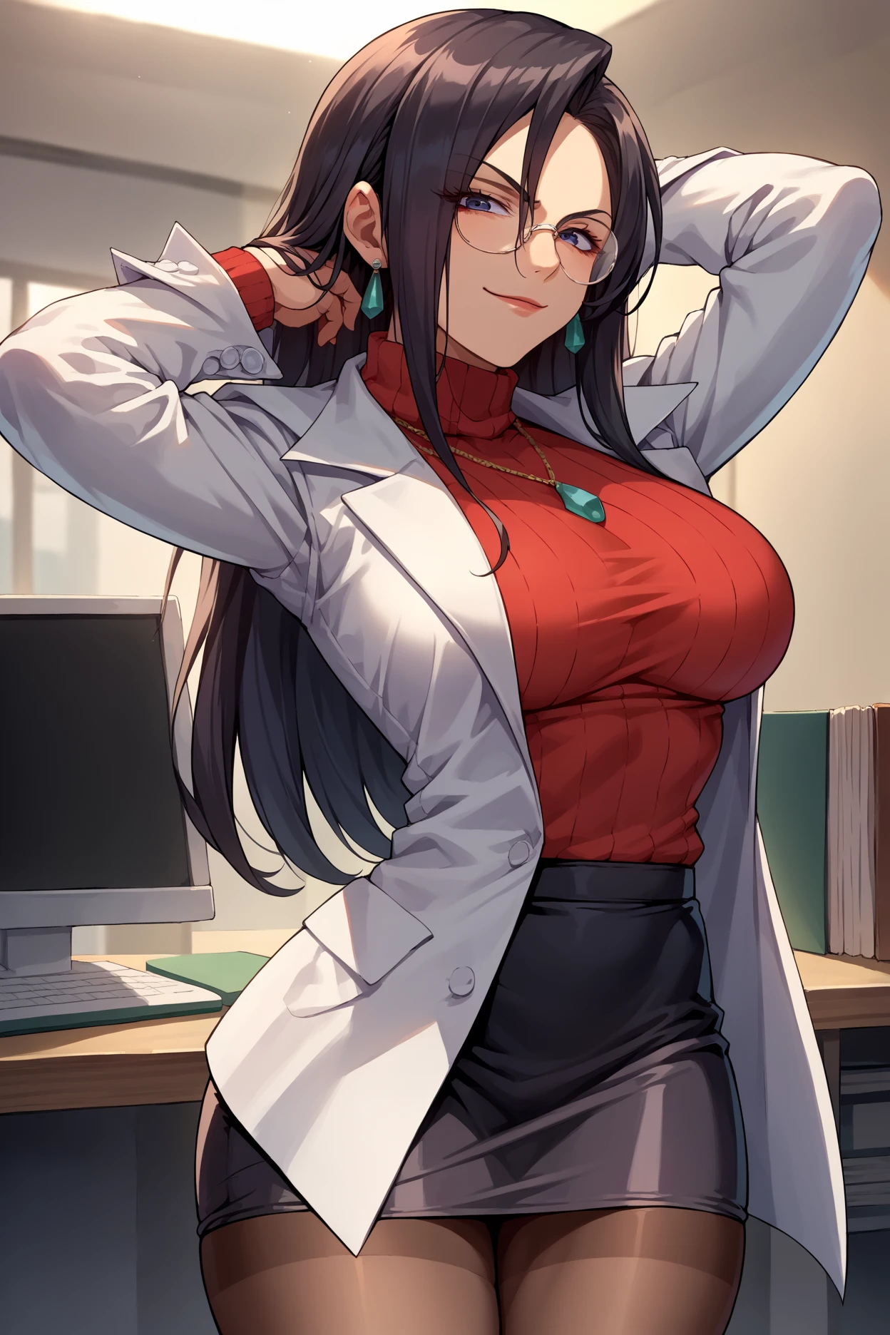 masterpiece, best quality, minazukikyouko, black hair, glasses, necklace, earrings, red sweater, turtleneck, sleeveless, black miniskirt, large breasts, upper body, looking at viewer, doctor's office, smile, mischievous