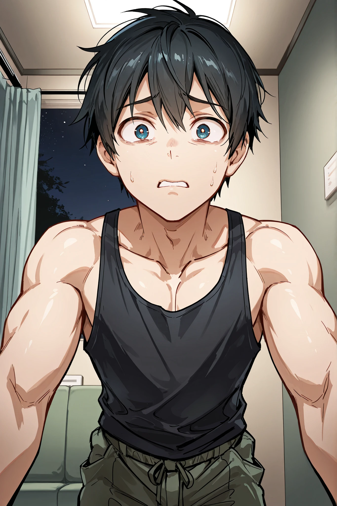 (masutepiece, Best Quality),1boy,(younge boy,child-faced),teenager face,Side view,Body tilt,Tied with a rope,Flabby hands,delicate big eyes,Open your eyes ,Big ,,smooth and delicate skin,Short square face,Surprised expression,infancy,slimey,infancy,young age,short round face,Flat chin,finely detaild face,Briefs,well-muscled,short light dark blue hair,with an intricate,nakeness,Black Teal Brief,Abs pectoral muscles,the night,vivd colour,(depth of fields:1.2),(Abs),prison,