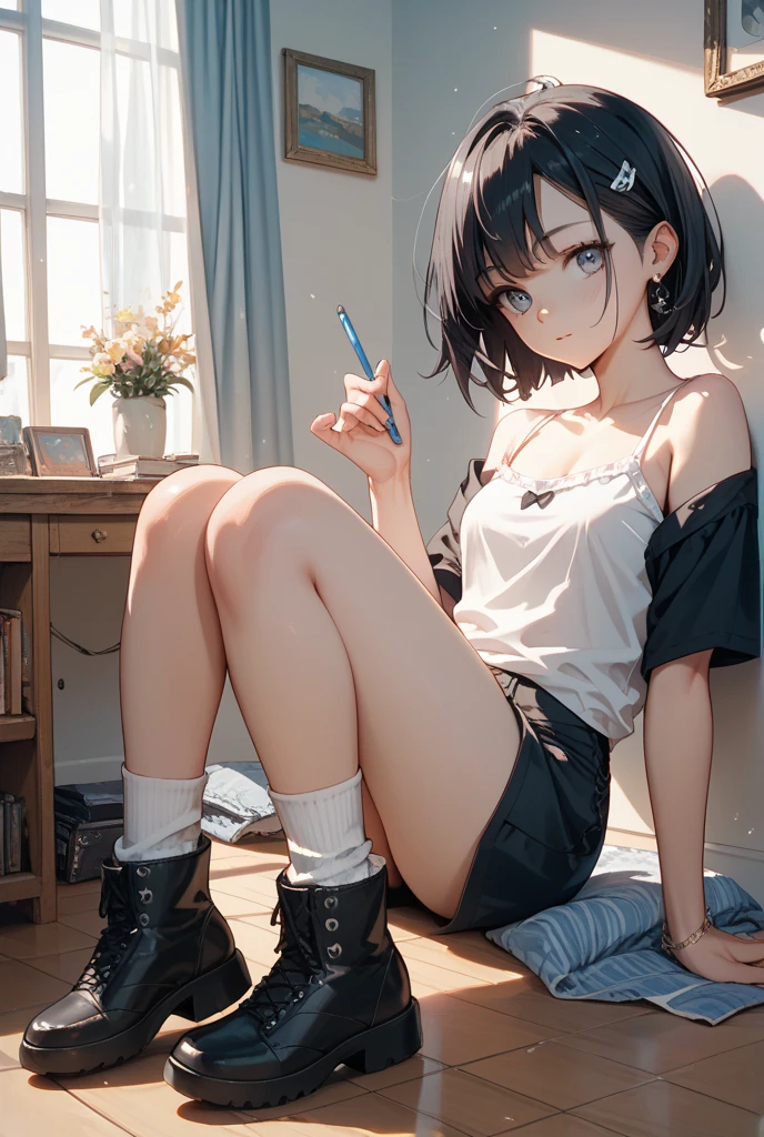 (official art、highest quality、Unity 8k wallpaper、32K、masterpiece、super detailed、超high resolution、realistic、Photoreal:1.2)、(cinematic lighting:1.2)、fire glow effect、film grain、best shadows、rim lighting、side light、(Super detailed and complex 3D rendering)、Background like Makoto Shinkai、detailed beautiful face and eyes、(Beautiful and sharp pupils)、masterpiece, high resolution、highest quality, ultla highres, maximum resolution, very detailed, professional lighting, beautiful skin, 28 year old woman、very pretty、Brooklyn、Inside the cafe、sofa、waitress、Maid clothes、work at a cafe、Maid clothes、skirt、Grab your shirt、(panties:1.1、Shirt Unbuttoning:1.1、bra:1.1)、shoes下、shoes、bright hair color、blonde、bangs、dull bangs、(((squint your eyes、grinning、ridicule、naughty face)))、The girl is looking to the side、Wide angle、angle from below、(((Precise human body structure、Correct and accurate number of limbs、Correct and accurate number of fingers)))