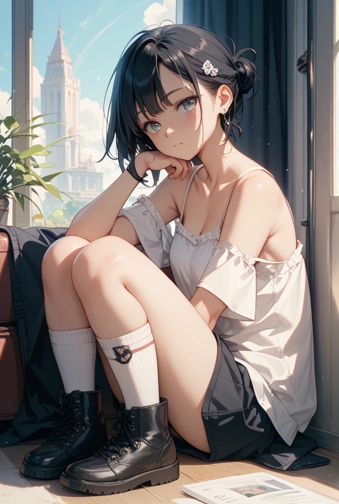 {{{Masterpiece}, {{{Supreme Quality}}}, {{Extreme Detail}}, {Illustration}, {{Very Delicate and Beautiful}}, everyday, cute, girl, energetic, active, tomboy, jumping, black hair, cute panties, long skirt, panties visible, cleavage visible, (nsfw:0.9)