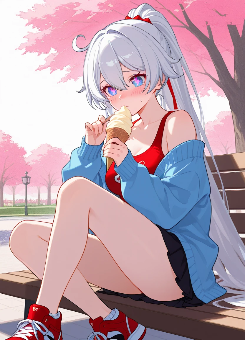 (masterpiece:1.3), (8K、Highest quality:1.4), (Best image quality, Intricate details, High resolution, Depth Field, Natural light, Professional Lighting), (1 Girl), (alone), (Asian Girl, Very beautiful 18 year old manga girl),Big Breasts、No sleeve、Shorts、Park Background、Eating an ice cream bar on a bench、Perfect hands