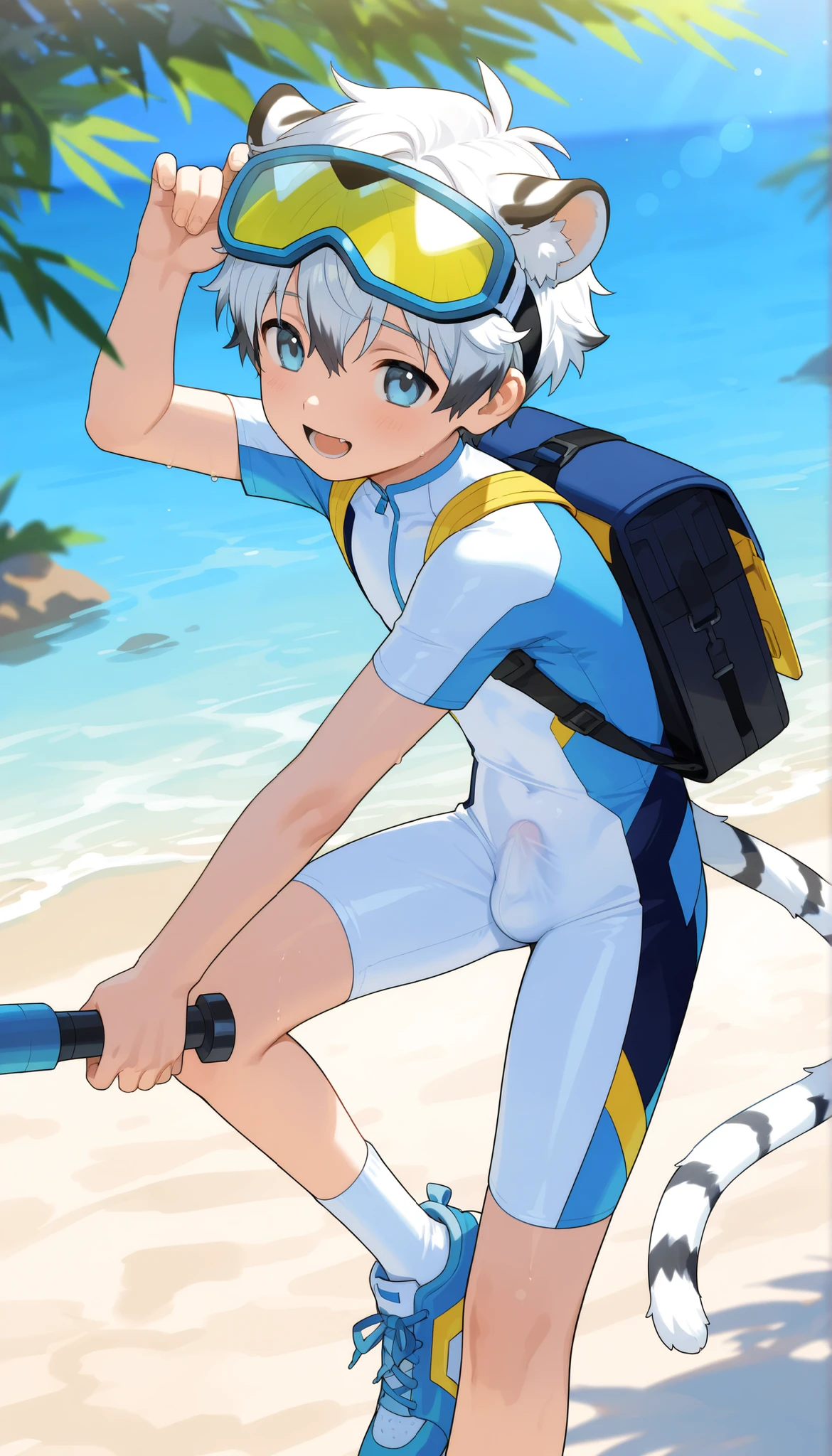 a boy， short hair，cute，一个棕发的穿着白色裤袜的 Shota， wearing goggles on the head， White Tiger Ears ， masterpiece, best quality ，male focus， Shota，summer，Short sleeve，cowboy shot，Little Hero，happy，(( white socks))，sneakers，shota wearing a white form-fitting bodysuit with a futuristic design featuring blue and white colors along with stylized graphics. The person's left hand rests on their torso, capturing the length of the body. The background shows a striped bedspread and indoor surroundings. Natural lighting softly illuminates the scene from the left, with a calm and relaxed atmosphere，with a raised vertical erection on the crotch，moaning