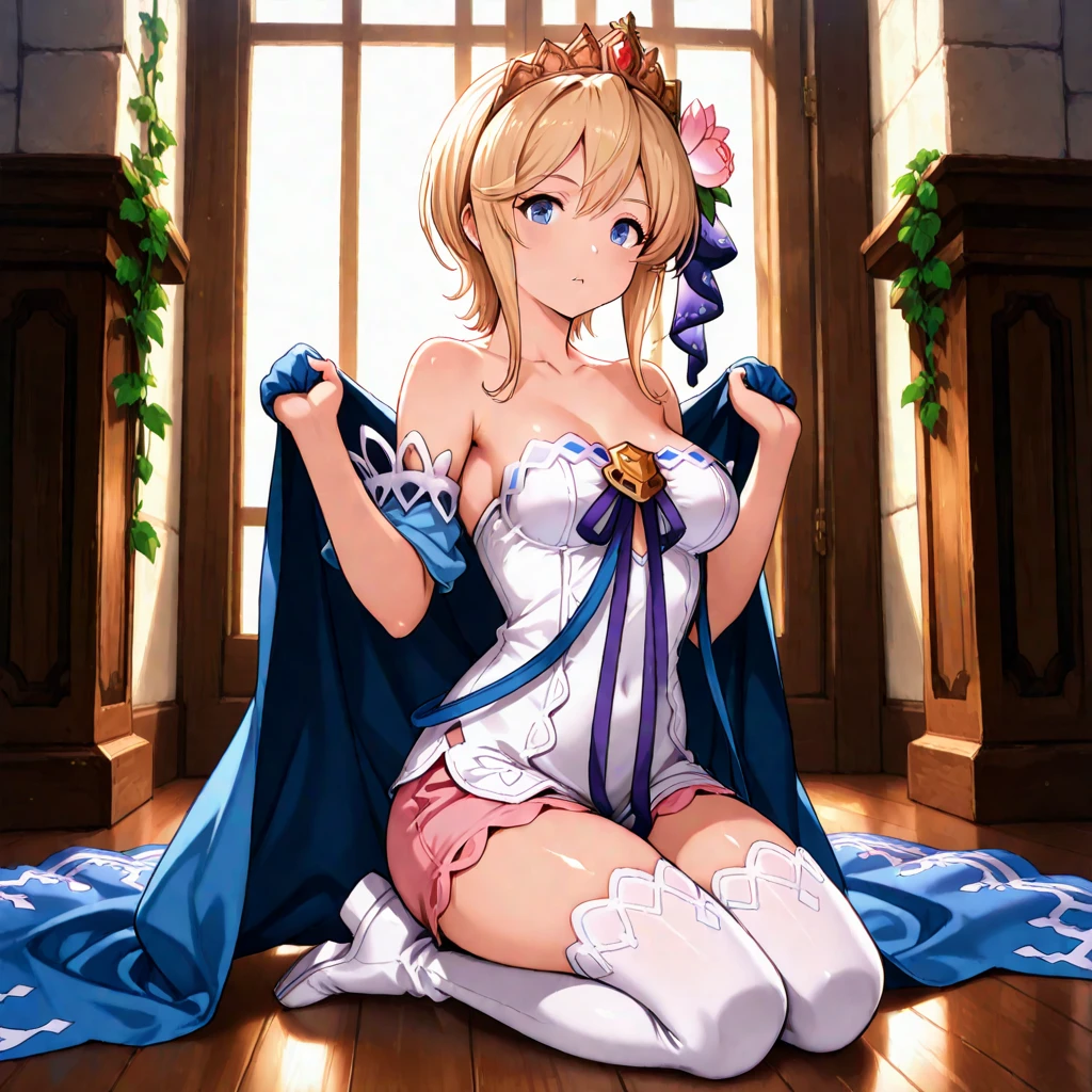 masterpiece:1.4), (best quality:1.4), realistic, 1girl, artoria pendragon \(fate\), white bikini, white high-heeled sandals, sleeveless, upper body, solo_focus, ahoge, bionde_hai, blue_ribbon, blush, breasts, censored, collarbone,green_eyes,hair_ribbon,