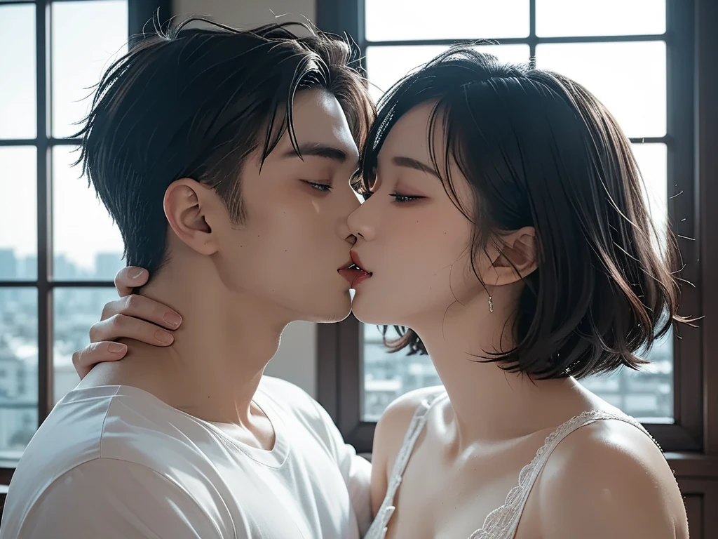 best qualtiy、​masterpiece、fidelity:1.3、超A high resolution、(Photorealsitic:1.4)、Couple hugging each other in the kitchen（Year difference couple、The woman is tall:1.5、Man is a boy）、1 Most Beautiful Mature Woman in Japan（Obscene big breasts:1.4、Wearing an apron、Bob Hair）、1 boy with a cute face（shortsleeves）The ultra -The high-definition、Flirting
