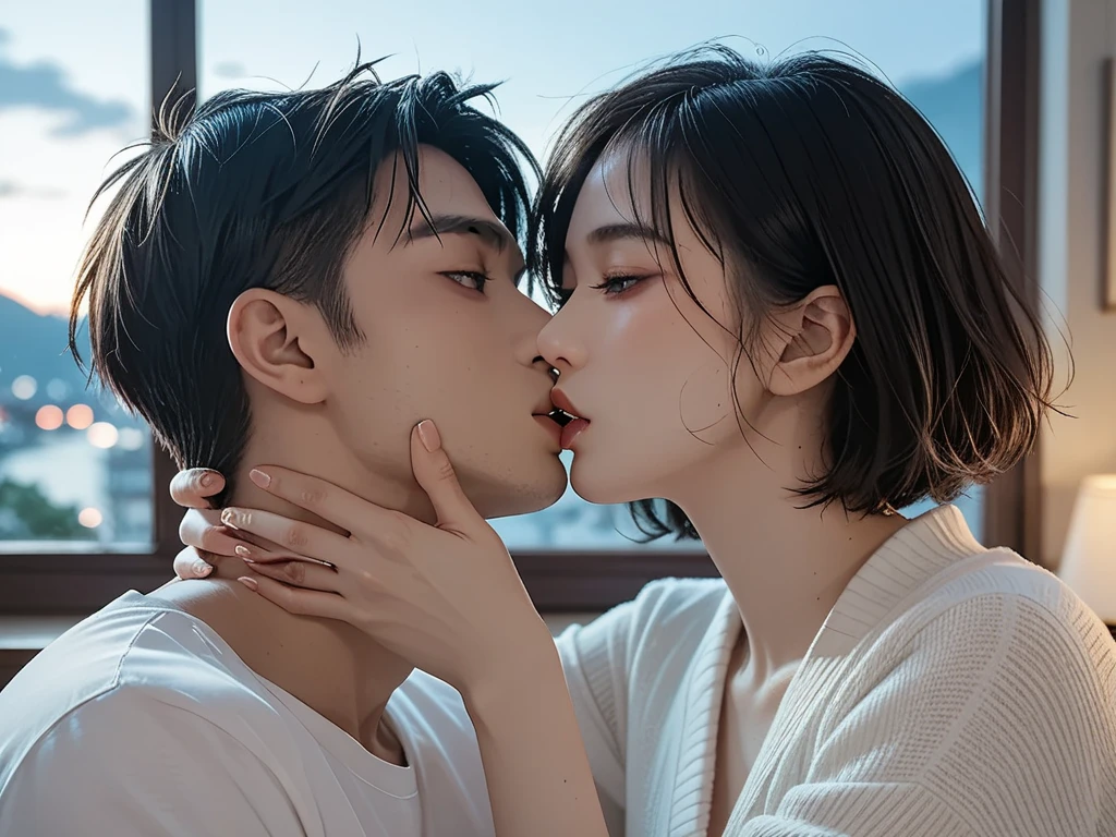 ((A middle-aged man is kissing a girl:1.4))、Open your eyes and tilt your head back、stand and hug each other、better quality, movie stills, 1. Muller、((girl with short cut hair:1.4))、((The girl is wearing a white short-sleeved dress shirt and a denim miniskirt.:1.4))、((18 year old girl:1.4))、A middle-aged man wearing casual clothes such as denim pants, Short-haired men,white skin, like, kiss, quarto red, At the bed, close, bright, sensual, romantic, dim and warm lighting, red, Moonlit Sky, (spark: 0,7) , ((kiss))