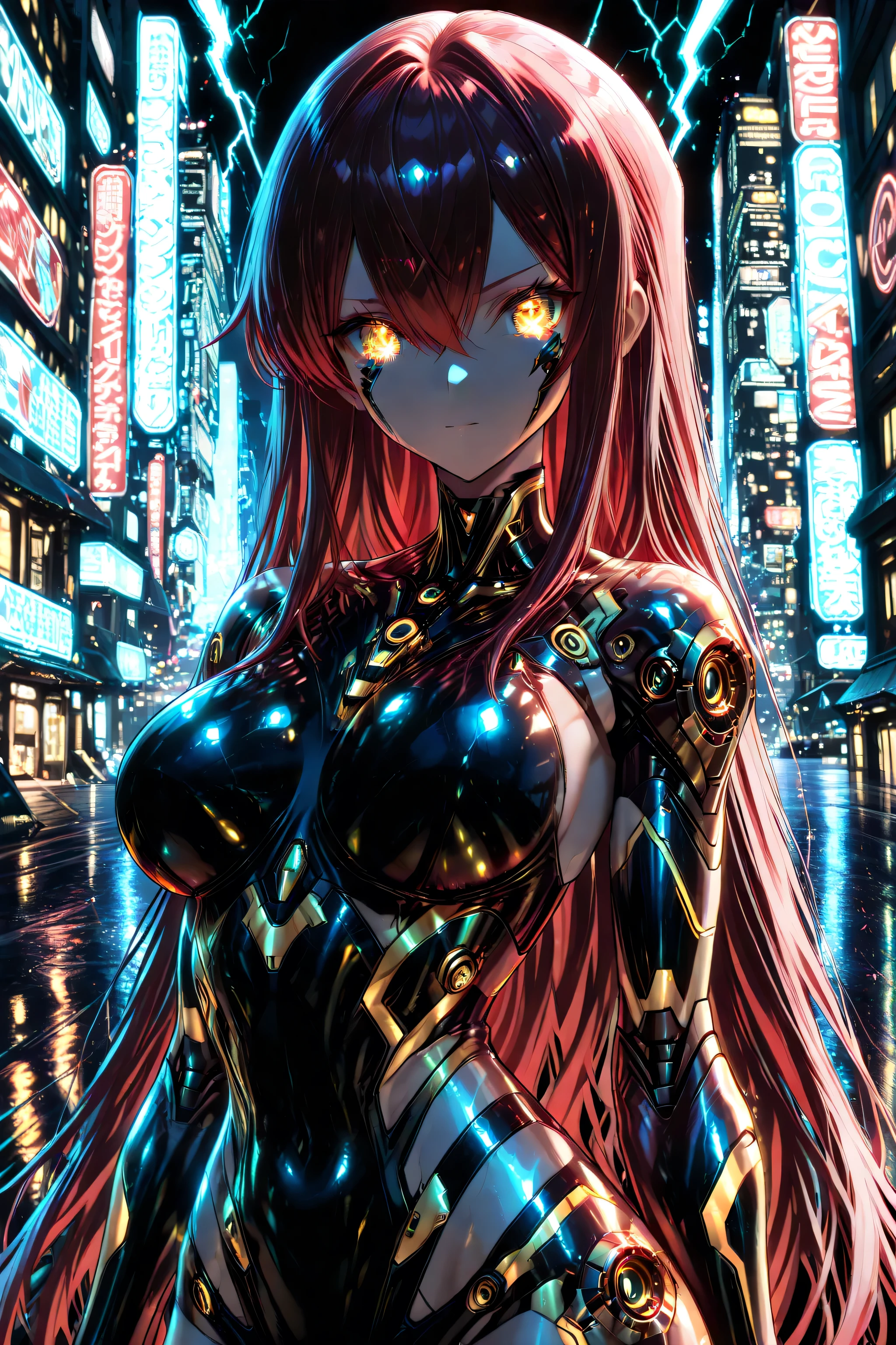 ((4k,8k,Ultra HD)),((Masterpiece :1.2)),((Best quality :1.2)),((Detailed :1.5)),((Detailed background :1.5)), 1 girl, golden eyes , very long hair , long sidelocks, red hair , half upon, mediumlarge breasts , petite , very cute , beautiful ,Straight hair, cool, handsome, hair between eyes, confident, , solo, cyberpunk, cyborg-like mechanical body, upper body, glowing eyes, neon city background, looking at viewer, from the front,shine colorful, glowneon, glowing, sparks, lightning