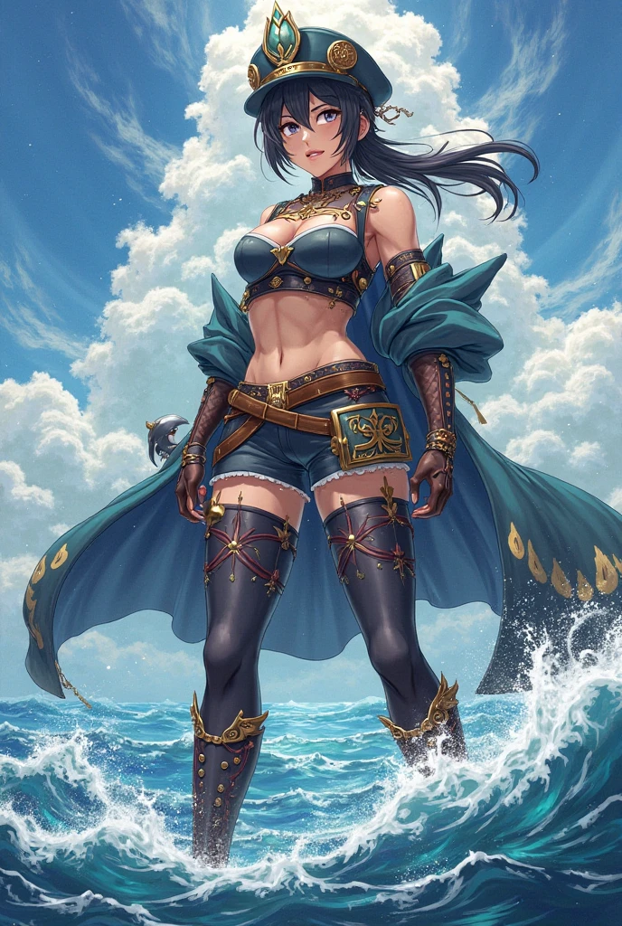 Generate an image of a cunning tiefling rogue named Zinnia Shadowstep. She possesses jet-black hair that falls in waves to her waist, framing her almond-shaped emerald eyes. Her skin is an olive tone, speckled with freckles. Wearing a low-cut bodice of midnight-blue velvet that reveals her ample cleavage, hip-hugging pants, and knee-high boots with stiletto heels, she exudes a raw strength and sensuality. Her muscular arms are adorned with metal bracelets and armbands. (She has small tiny horns, almost visible elegantly between her hair around from her head:1.5). The horns add a regal and otherworldly aspect to her appearance. Zinnia has huge firm breasts. Zinnia carries a pair of daggers, their handles peeking out from the top of her belt. Her attire is designed for agility and stealth, suitable for the treacherous landscapes of her adventureake her without wings:1.5)