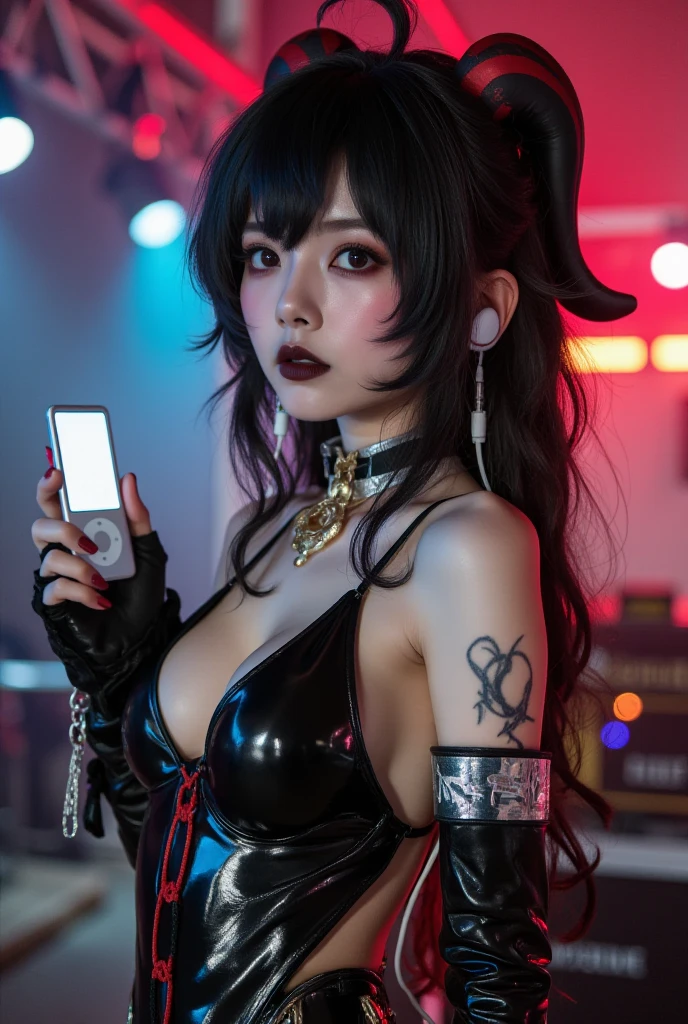 cyberpunk bar interior dirty and crowded with thick smoke and neon lights and signscyberpunk nude Asian elf girl with tribal tatoos wearing topless bikini with black fishnet stockings and red garter belt revealing a busty cleavage:: large breast:: exposed breasts with black bob hair and sunglasses yakuza tattoo covering her body