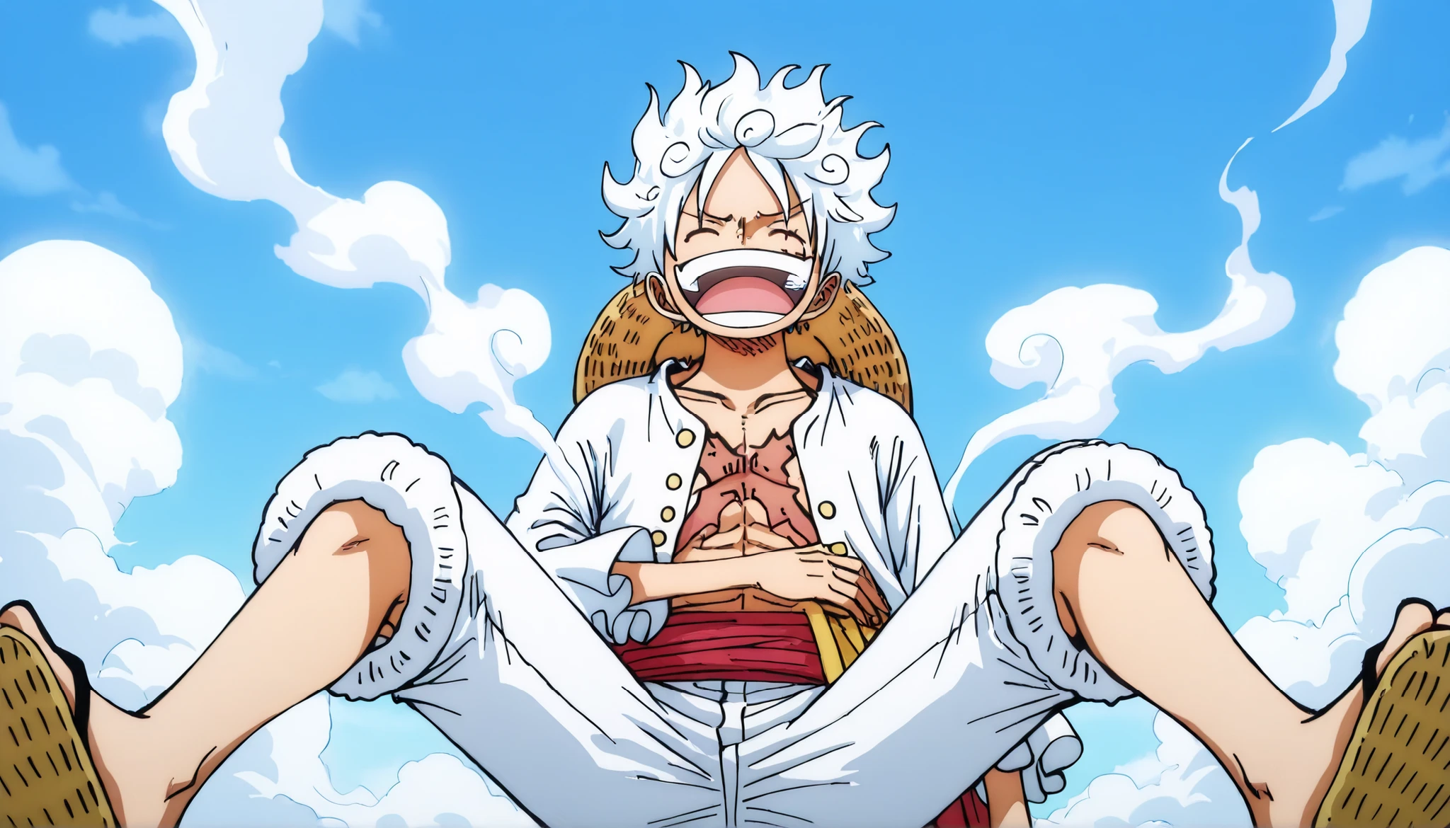 Luffy, NIKA, half body, from front, laughing out loud, white hair, (white eywbrows), eyes closed, X-mark burnt scar on chest, head tilted up, 1arm on stomach - other arm on top of eyes, long-sleeve white shirt, white pants, sandals, smoke vfx, smoke-like hagoromo around his arms, floating, legs wide apart, smoky sky background, masterpiece, best quality,