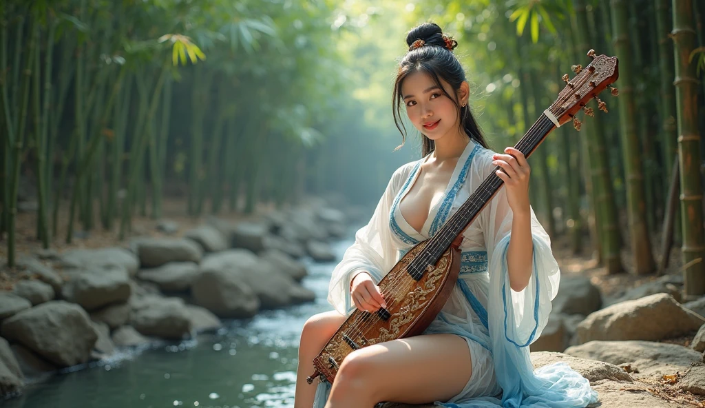 Sexy girl, hanfu, big , semi nude, lake, cute, realistic, ancient style, holding a long sword