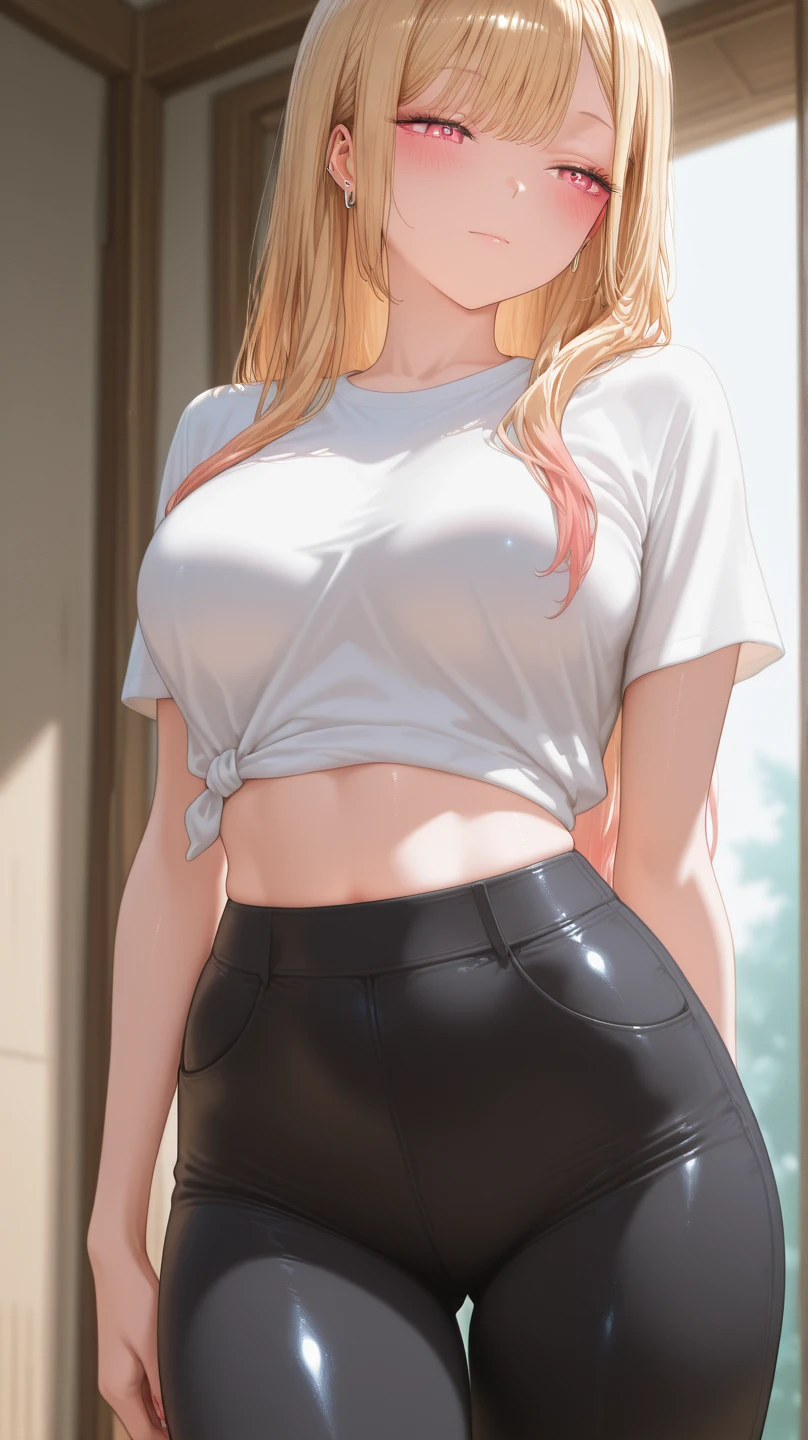 (masterpiece:1.2, highest quality), (Realistic, photoRealistic:1.4), Beautiful illustrations, (Natural Side Lighting, Cinema Lighting), Written boundary depth, Beautiful thighs staring at the viewer, (Face Focus, Upper Body), 1 female,20-year-old,alone,(With background:Hotel Rooms) , thin, thin, Long Hair, Curly Hair, One bun on top of the head, amount, amount, amount, thin, thin, belly button, big , Sleeveless sweater, Jeans Shorts, Are standing、Pregnant women、Blonde Hair、Cute Smile