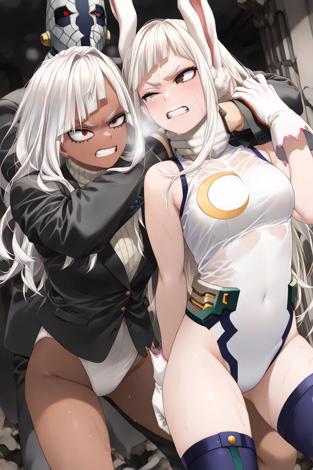 1 dark skinned girl, futuristic mech pilot, topless, no panties, huge breasts, mech pilot base, very fit, humanoid mecha in background, very sweaty, small waist with big bubble butt, smiling for a photo, cameltoe pussy, very long pigtails, white hair, spreading ass with no panties, zoom in on ass, ass fills frame