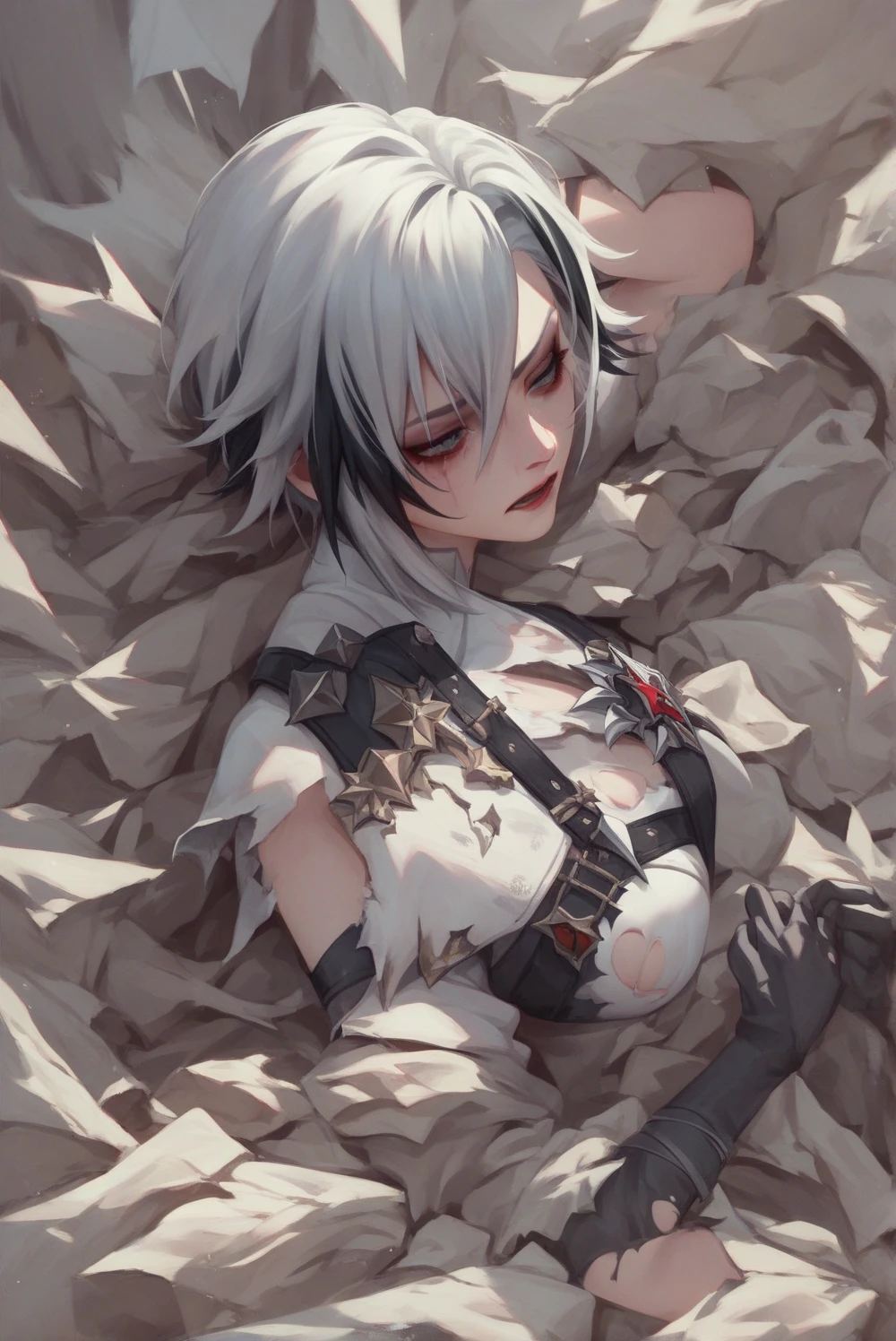 (masterpiece, highest quality, Perfect Anatomy, Fabric Shading, gleaming skin, Glowing Skin, Detailed skin),BREAK,
(clair lasbard),
(long ponytail, hair ribbon, striped scarf, black sports bra, belt, black micro bikini, fingerless gloves, thigh boots),(torn clothes:1.4)
Full Body, (lying on the floor, on back, arms up :1.3), BREAK,
huge breasts, wide open cleavage, underboob), BREAK,
(closed eyes:1.2),BREAK,
Portrait, dutch angle, BREAK,
fantasy, Late Night, Dark, BREAK
