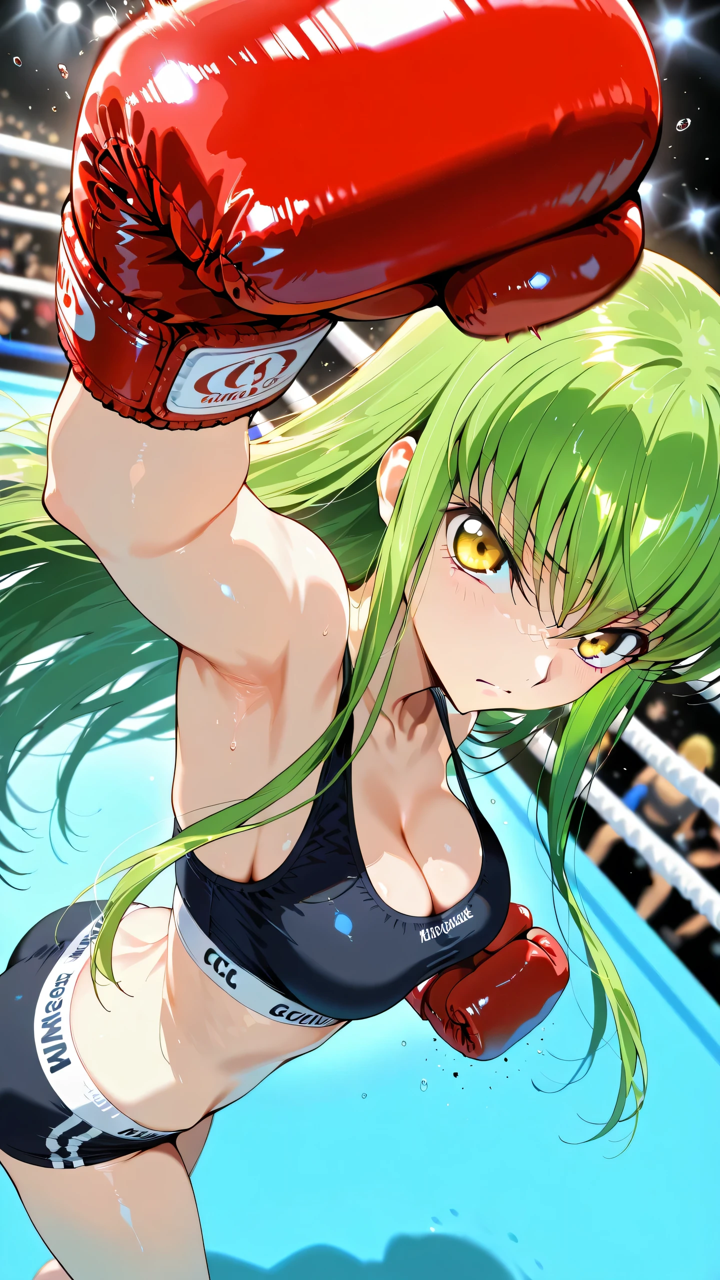 C.C., Code Geass, green hair, gold eyes, solo, (punching at viewer:1.3), long hair, black sports bra, black sports very short spats, boxing gloves, bare thigh, cleavage, medium breast, Perfect body, detailed eyes, detailed face, glaring, looking at viewer, (portrait, from side-above).
boxing ring, spectator seats, (depth of field).
