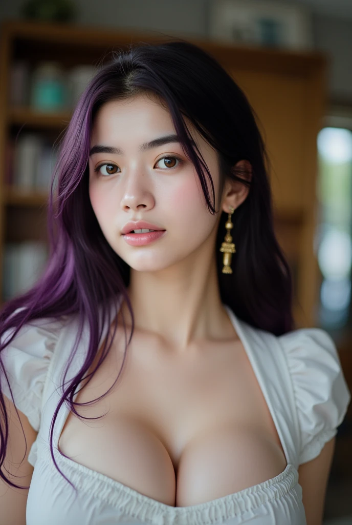 ((best quality)), ((masterpiece)), (detailed), perfect face, Imagine a mesmerizing gothic woman with dark purple hair cascading down her shoulders, her lips painted a rich shade of dark plum. Her dark robe, flowing gracefully around her, reveals a hint of her captivating figure. Use a dramatic, stormy backdrop to emphasize her enigmatic charm