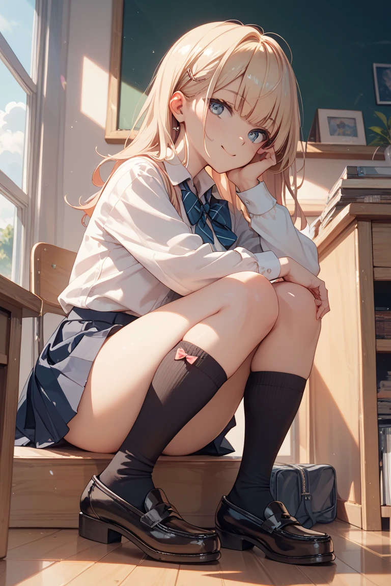 I can see her panties、Pull down your panties、Chestnut Hair、Medium Hair、Blushing、lipstick、Perfect hands、Detailed hands、、classroom、School、blackboard、school uniform、日本の、