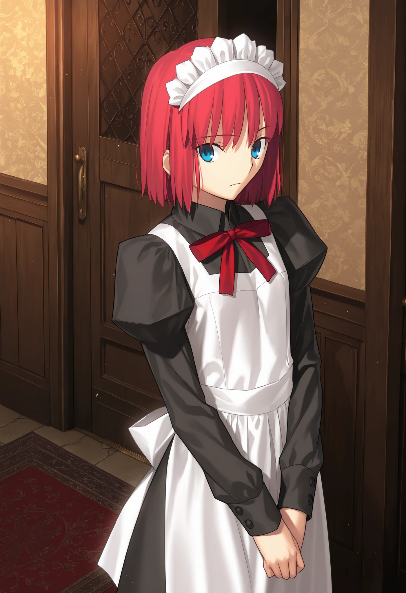 masterpiece, , absurdres, highres, detailed background, high resolution, masterpiece, necessary, detail, best quality, quality, necessary, details, High details, Precise, indoors, entrance, medieval interior, gothic, from above, ,
1girl, , Takeuchi Takashi (type-moon,tsukihime) style, takeuchi takashi style, solo, arms front of her,
girl, (hisui (tsukihime), very light blue eyes, light red hair, short hair, bob cut, maid headdress, neck ribbon, red ribbon, juliet sleeves, maid, maid apron, collared dress), (tsurime), (), , ,
(black dress shirt, white apron), , dark red ribbon, small breast, flat chest, expressionless, looking at viewer, ,