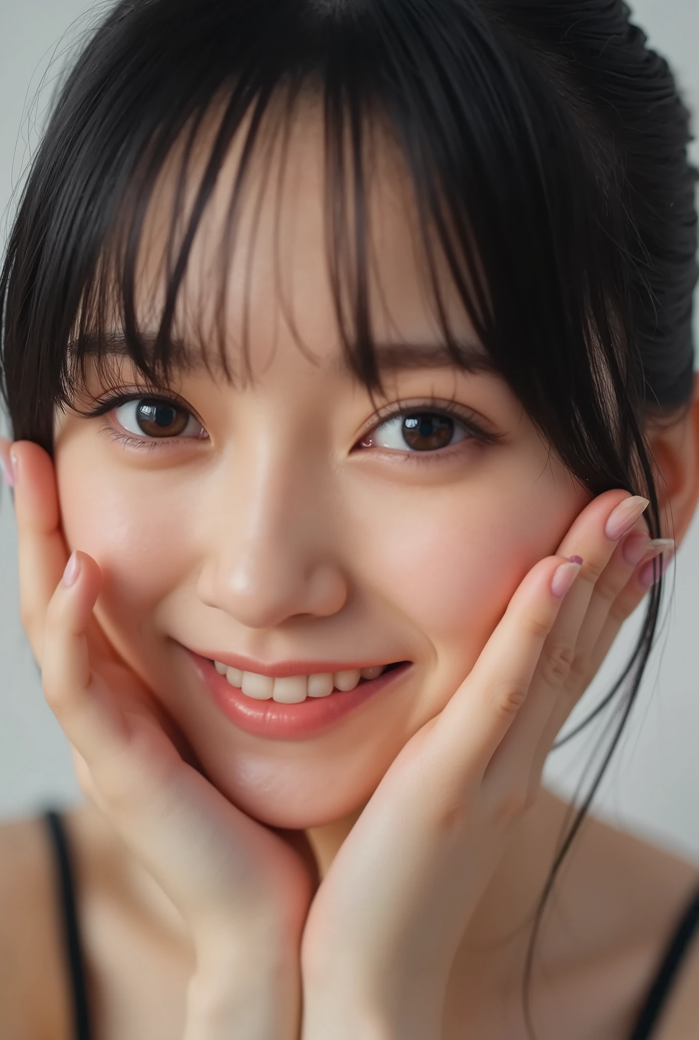 extreme close-up portrait, beautiful girl with her love-struck, radiant face filling the entire frame (95% face ratio), gently placing both open hands on her flushed cheeks with soft fingers, soft black camisole, white blurred background, eyes dreamy and half-lidded, deeply adoring gaze fixed straight at the viewer, irises ultra-detailed with intricate rainbow reflections and glowing catchlights, moist and sparkling eyes as if about to tear up from overwhelming joy, soft melting smile revealing slightly parted lips and upper teeth, skin with visible soft pores, realistic skin texture with warm lighting and subtle shadows, delicate eyelashes, glossy lips with natural highlights, cheeks glowing with deep blush, cinematic soft lighting, lifelike expression full of romantic euphoria, overflowing with happiness, warmth, and pure affection, subtly tilting her head as if whispering a name in total bliss, ultra photorealistic, masterpiece, 8K, hyperreal detail, skin pores, detailed iris texture, cinematic mood