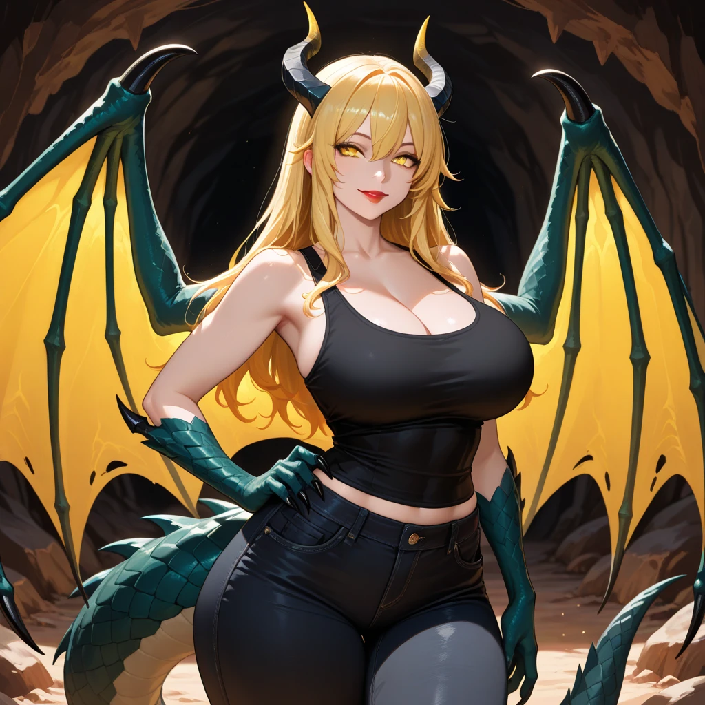 1woman, short messy blonde hair, sharp yellow eyes, huge breast, wide hips,  pointed ears, long horns, dragon wings, Succubus tail, Yellow sweater, smile, solo, full body, best quality, masterpiece, portrait, simple background, looking at the camera, from the front, detailed, perfect anatomy, detailed art, high definition, 4k, high resolution