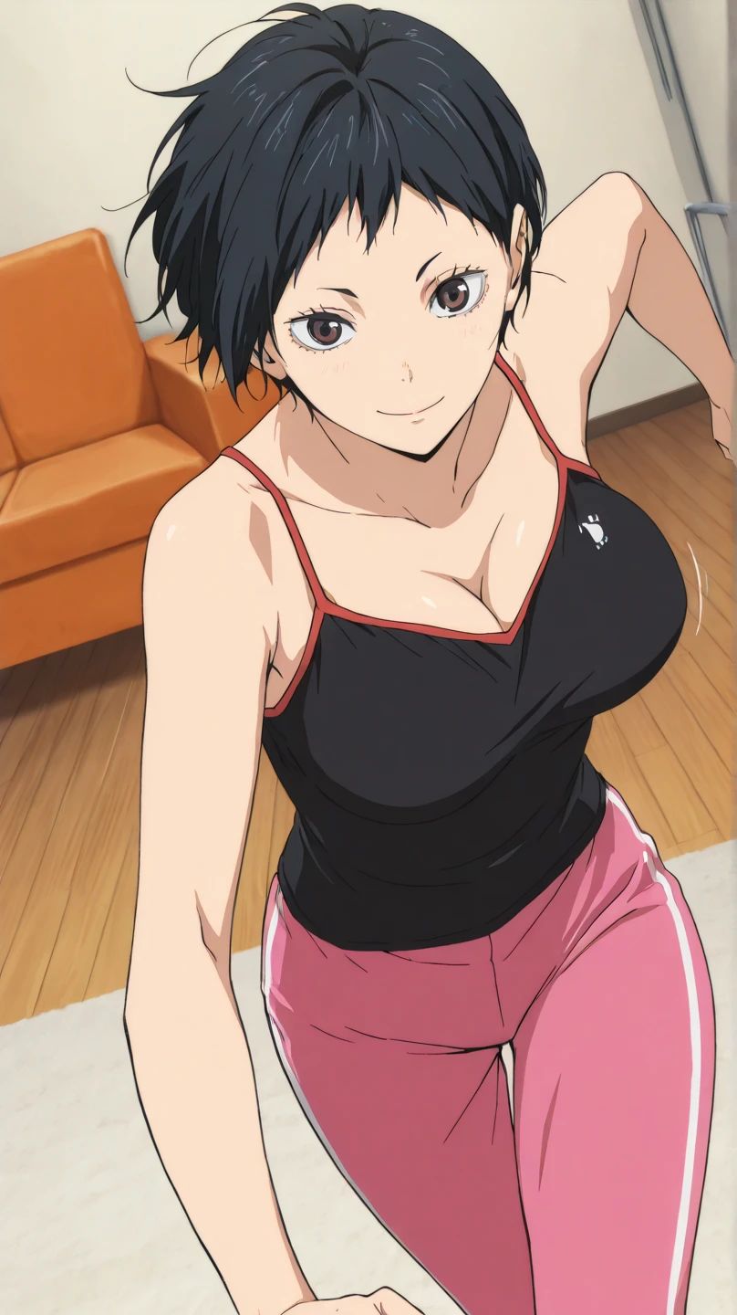 ((best quality)), ((highly detailed)), masterpiece, absurdres, extremely detailed face, beautiful face, (detailed eyes, deep eyes), <lora:more_details:.2>, (1girl), (glasses), dynamic pose, full body, tan tomboy, short hair, ((tan skin)), tanlines, athletic, abs, grin, tank top, sweat pants, sneakers, (indoors, at a living room), <lora:flou_flou_art:.7>, flou_flou_art_lora_BY_MAKIMARK