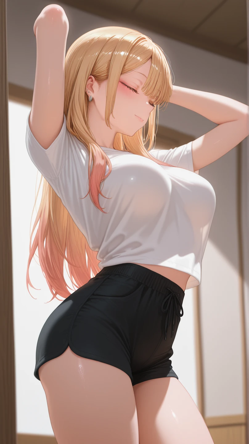 1girl, underwear, tight shirt, lingerie, big chest, long torso, shiny skin, reaching from the top of a cupboard