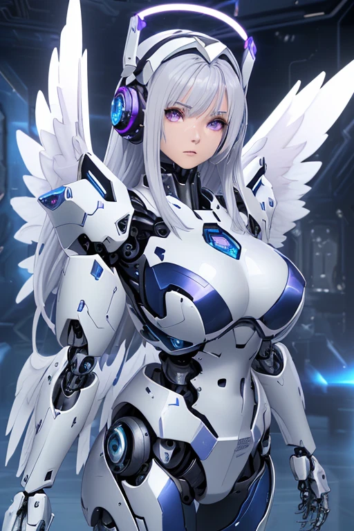(Sit with one knee on the machine:1.6)、(Full body description:1.3)、((Shining lenses on both breasts:1.3))、((Blue pillars of light are emanating from both chests.:1.3))、smile、((8k)), ((32k)), ((Highest quality)), ((masterpiece)), ((超A high resolution)), ((Tmasterpiece)), ((halo:1.4))、((Mechaニカルheadgear:1.2))、((Cyber headphones:1.3))、Fine skin, High quality fabric, Fine metal texture、((Beautiful and dense face))、RAW Photos、Professional, Ultra-fine painting, ((alone)), Beautiful breasts、Highest quality, Very detailed, Very detailed詳細, Finer details, so beautiful, ((Princess Knight Robot:1.2)), (Joints of machines, Mechanical Limbs:1.3), (The internal structure of the machine is exposed:1.3), (Long silver hair:1.1), (Beautiful and huge mechanical breasts)、White Veil, cowboy_shot, Side Focus, headgear, Shiny、(Five Fingers, Four fingers and thumb),Concept Art, Anime fantasy artwork, Detailed fantasy art, (with pale blue-violet hair and large white wings,,,,,,,), (((Long silver hair))), (Mecha:1.6)、Sleek and intimidating design, ((Commander-in-Chief'arm)), (Perfect robot body)、純白と青紫armまたは, Symmetrical wings, 8K high quality, detailed art, 3D rendering of character art in 8K, neat legs, Defined, Defined fingers,