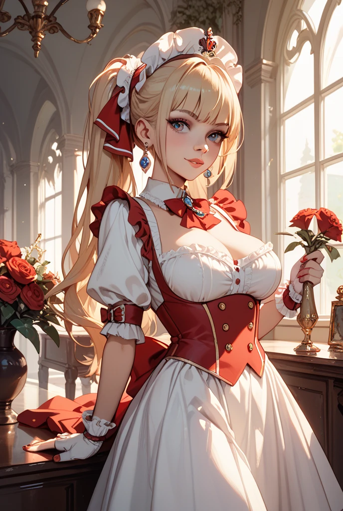 (Masterpiece, Best Quality, High Quality, Highres:1.4), Detailed, Extremely Detailed, Ambient Soft Lighting, 4K, Ornate,

Indoors, (Renaissance, Vintage:1.4), Plants, Window,

1Gril, (Solo:1.4), (Milf:1.2), Standing, Upper Body, (Face Focus:1.2),

(Extremely Detailed Hair:1.2), Blonde Hair, Long Hair, Long Sidelocks, Bangs, (Hair Intakes, High Ponytail:1.4),

Expressionless, Emotionless, (Red Eyes, Glaring, Contempt, Disgust, Looking at Viewer:1.2),

Curvy, Huge Breasts, Skindentation, (Bursting Breasts:1.2), 

(Tiara:1.2), Crown, (Cleavage, Strapless, Red Dress, Frilled Dress, Long Skirt, Puffy Skirt, Puffy Sleeves, Juliet Sleeves, Long Sleeves:1.2), Jewelry,