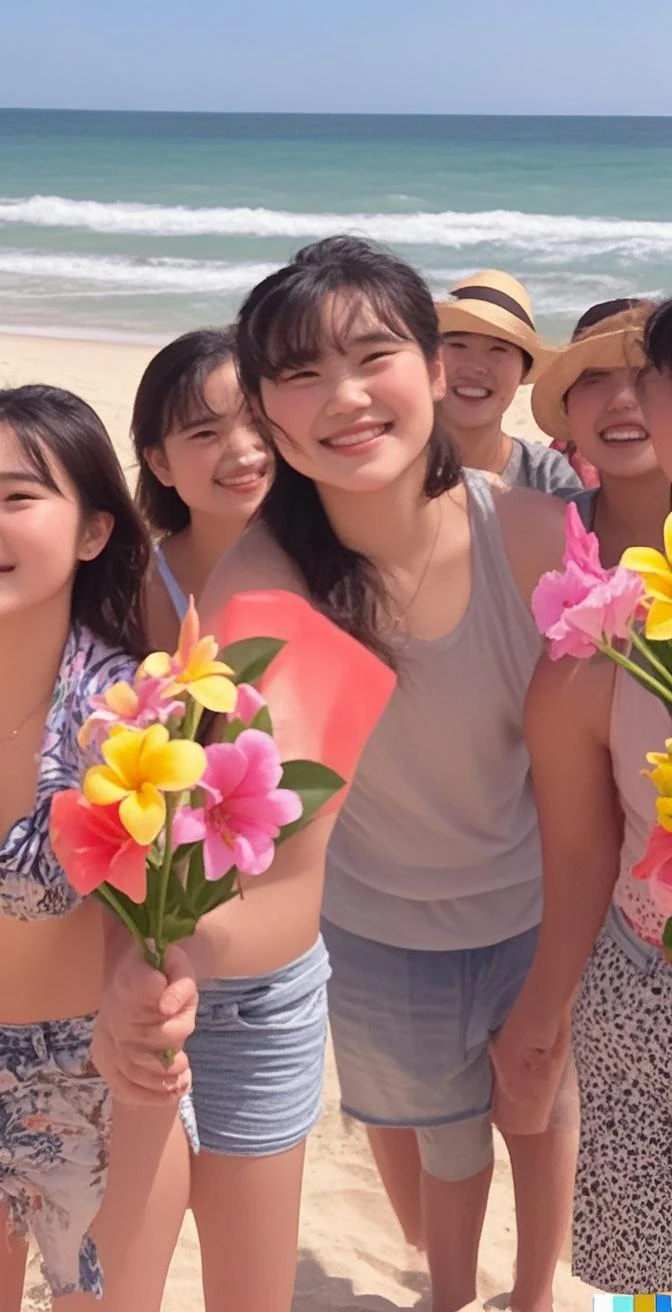 Photorealistic, 4k, 4girls. We rush to the sea, smiling and wearing (swimsuits), enjoying the summer day., 18 years old, outstanding proportions, printed shirts, skirts,Asahi、Front view towards the sea、At a brisk pace、Run、sexy、